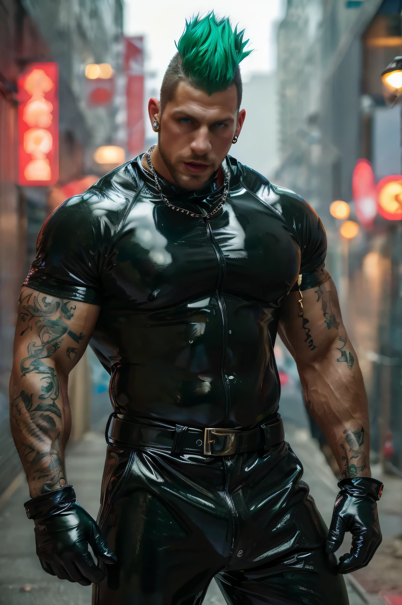 A police muscular shirtless arabian men, leather harness, briefs(underwear), black gloves, outdoor, dark short hair