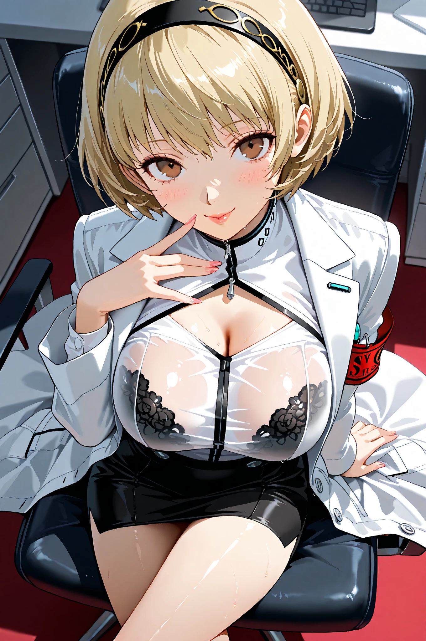 anime artwork, score_9, score_8_up, score_7_up, score_6_up, score_5_up, score_4_up, r,Camie Utsushimi, light brown hair, dark brown eyes,, breasts, , big breasts, , , , she is 24 years old, , ,horny, , , , style_3, , nurse outfit, at hospital, 1boy, she straddling him, pov,close-up