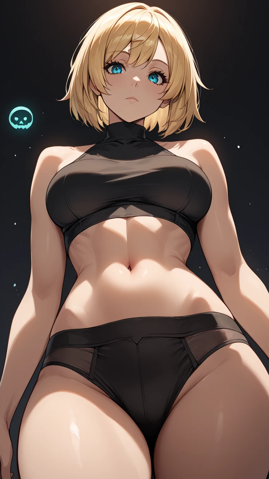 culona, Big legs, small waist, black underwear with straps that reach above the waist, head on
