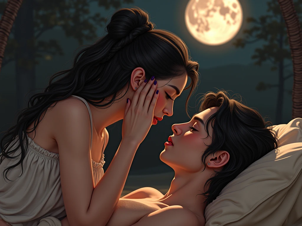 сouple in bed,sexly,cuddle,Full moon in the background,Be authentic,Skin texture,both sexes,First perspective