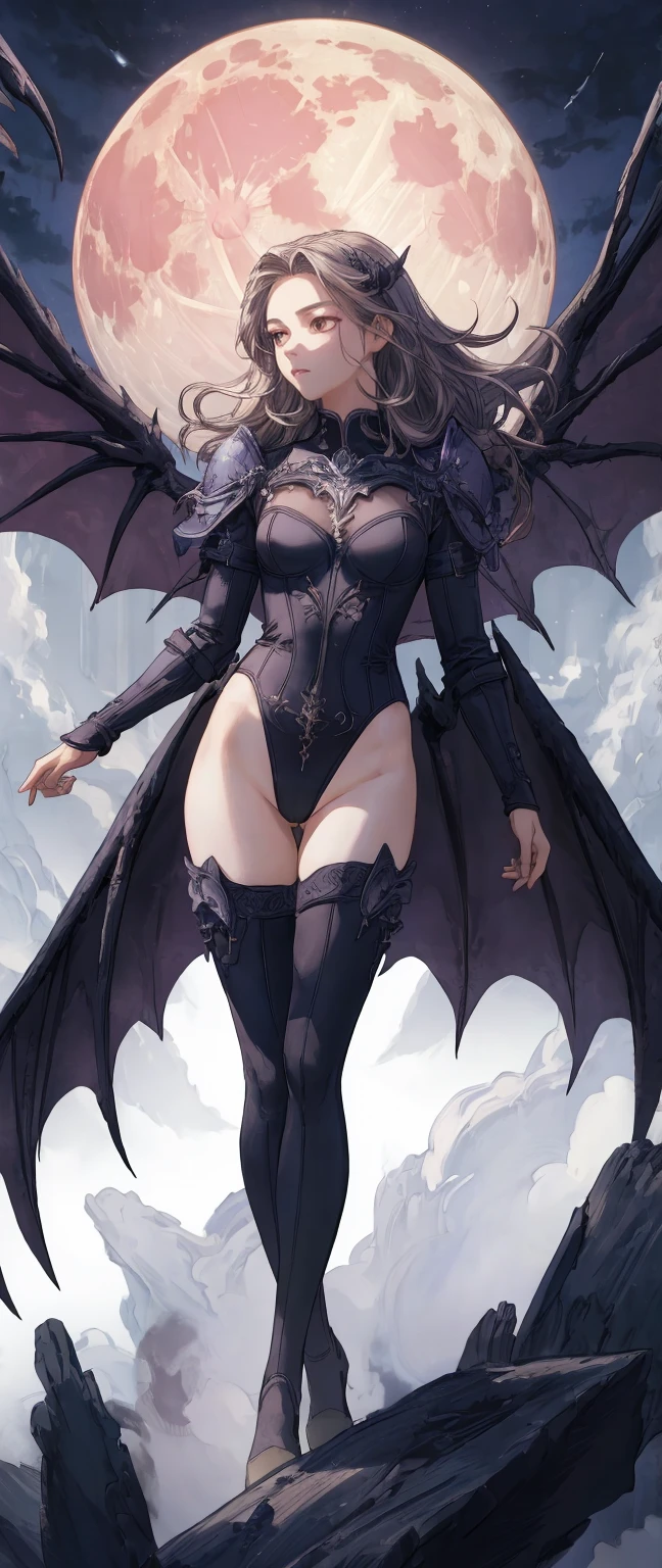 Long brunette woman,goddess,Chest,cleavage,black dragon horns,Black Dragon Wings,black dragon scales,Black Dragon Tail,Abdominal muscles,barefoot,Thong full body standing dark cloud thunder and lightning