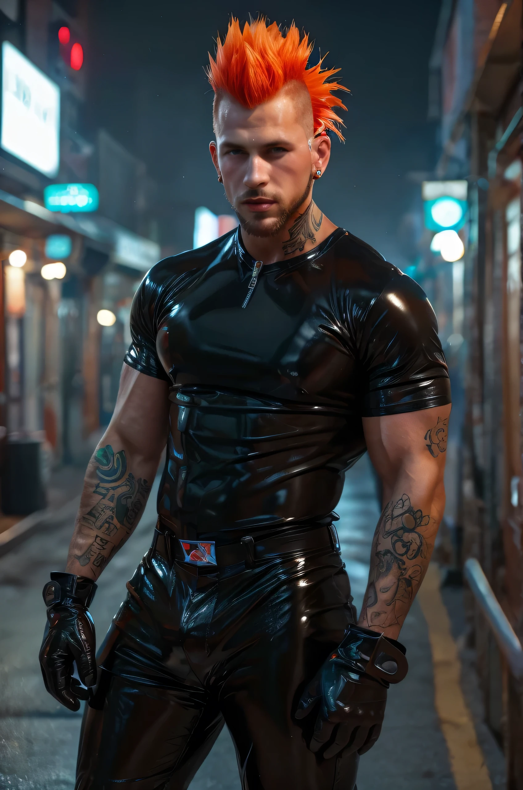sensual rock star male, black studded sleeveless leather vest, black leather pants, short blond hair, green eyes, muscular shoulder, shoulder tattoo, defiant piercing gaze, defiant pose leaning against a wall in a city alley full of skull pattern graffiti, on a light rainy night,pale skin, pink nipples, skinny, good lighting, very pale skin, light skin, model with attractive body,,big bulge and big butts,(Best quality, 8k, Masterpiece). High Detail , , superior quality, natural lighting, beautiful, sexy, correct anatomy, good composition,realistic shapes, realistic skin tones,Natural eyes,realistic eyes,looking up at viewer,vpl,realistic muscles,Realistic wrinkles on the skin,Realistic arms and legs,Realistic face,realistic hair,Make a sexy and seductive face, man focus,amazing composition, front view, HDR, volumetric lighting, ultra quality, elegant,Post a erotic photoshoot,Realistic pose,detailed hair,full body,Fujifilm XT3 photorealistic art by midjourney
