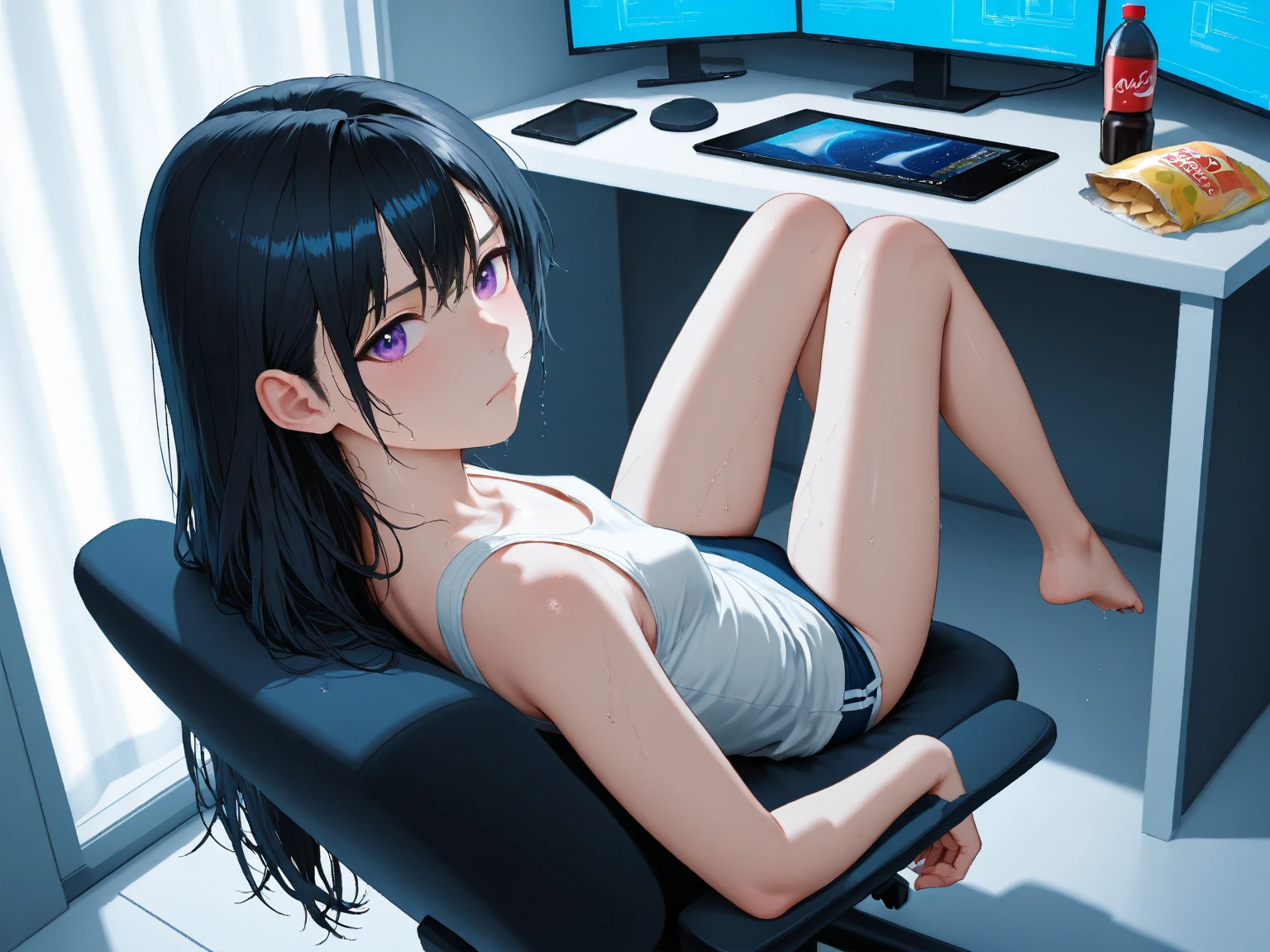 Create a high-quality, detailed image of a beautiful anime cat gamer girl with long hair, striking eyes, and intricate tattoos. She is seated at her gaming PC in an inviting gaming lounge. She wears a tank top and sleep shorts that reveal her midriff and highlight her stunning curves. The scene is bathed in soft, ambient lighting, creating a warm and intimate atmosphere. Comfortable seating and a small lamp add to the serene setting, making it a perfect space for gaming and relaxation. The overall ambiance should reflect a high-quality, cozy gaming lounge.