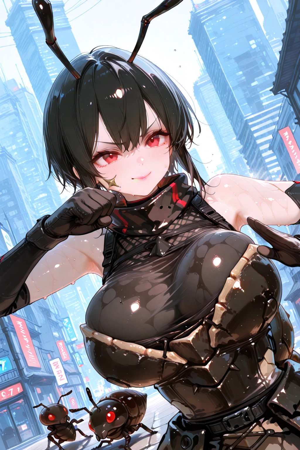 1 girl,upper body,black hair,stand,straight-on,red and blackeyes,masterpiece, best quality, very aesthetic, absurdres,breast,Covered nipples,clothes,clothes,tight,clothes,Transparent,