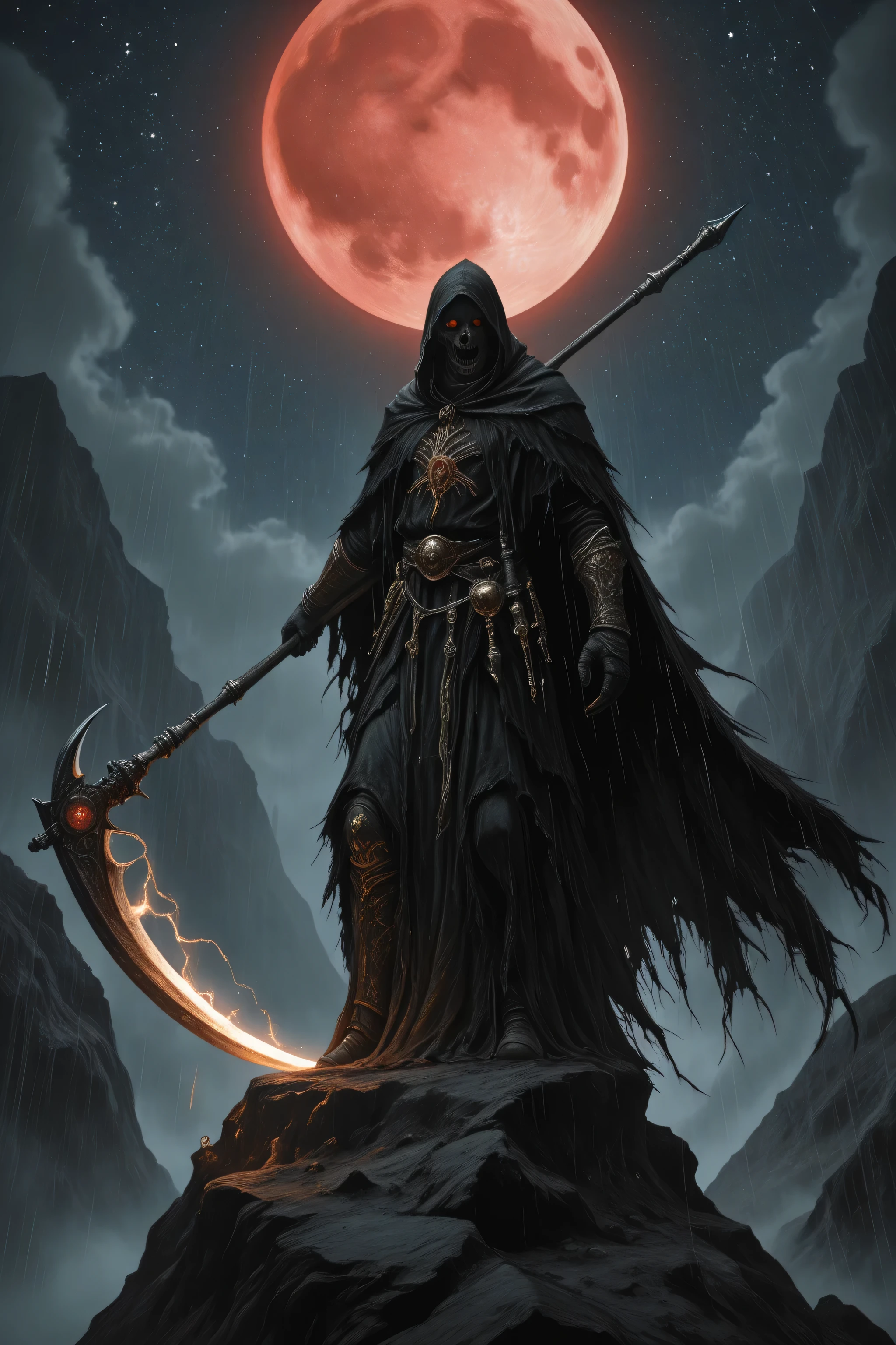 A striking figure in a tattered black cloak stands atop a cliff, emitting an aura of power and mystery. The character holds a scythe adorned with intricate golden details, illuminated by sharp contrasting light from above, creating dramatic shadows that enhance the exquisite appearance. Rain pours down, adding depth and emphasizing the character's distinct personality. The background is a starry sky, with a large, bright red moon seen from a distance, contrasting beautifully with the overall dark color scheme. This digital artwork is inspired by fantasy and dark art, combining surreal elements with striking lighting and a distinct atmosphere, and striking elements, Gothic horror aesthetics, a terrifying and eerie atmosphere, reminiscent of Dark Souls, Warhammer, or similar dark fantasy universes.
