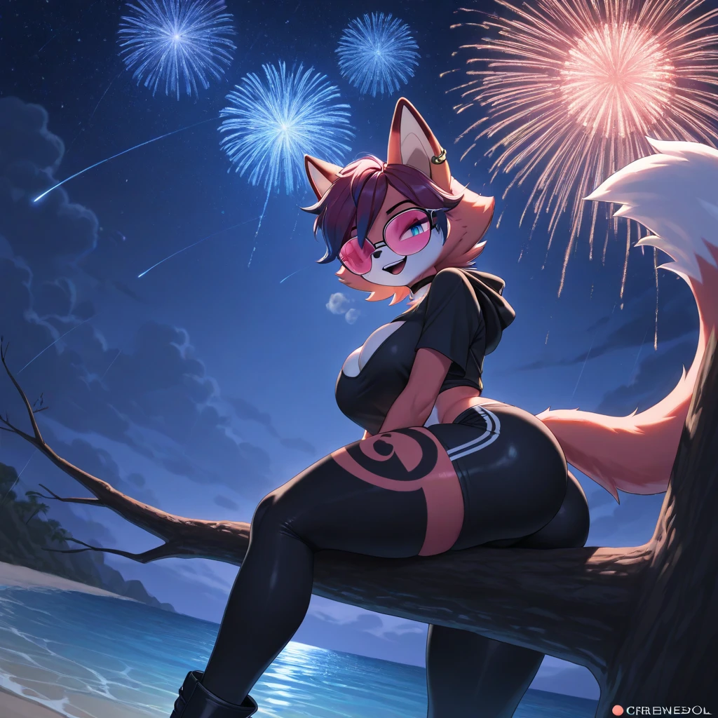 Best quality,Masterpiece,nude naked no clothes,Manteau blanc,(Fox facial features,Physical characteristics of a fox,Hair and shoulder length),Small stature,bit girl,((White body,White arms,White legs,White eyes, White fox tail)),beach background at night, fireworks in sky, female, furry, anthro, legs spread, sitting down, knees up, blushing, small breasts,