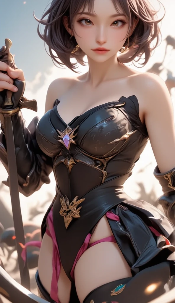 1girl, looking at viewer, short hair, skirt, black hair, gloves, navel, holding, cleavage, bare shoulders, jewelry, medium breasts, green eyes, standing, collarbone, weapon, earrings, multiple boys, solo focus, black gloves, elbow gloves, midriff, sword, black skirt, holding weapon, armor, bracelet, lips, strapless, helmet, polearm, spear, circlet, multiple others, full armor,
(rim light),
<lora:WLOP1-04:1> <lora:lowra_v10:0.3>