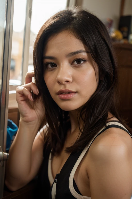 An adorable Indonesian lady, hot office woman, a naughty secretary, long legs, thick thighs, black short hair, (braless), plump body, puffed breasts, ((formal unbotton white office suit)), (formal short skirt)), high heels, stilettos, ample cleavage, partially nude, detailed eyes, detailed face, front view, (at the office, dynamic angle, dynamic lighting). Seductive look, sexy pose,l, high detailed body. high detailed hands, high detailed face, teasing pose, high detailed legs, a playboy model, nsfw