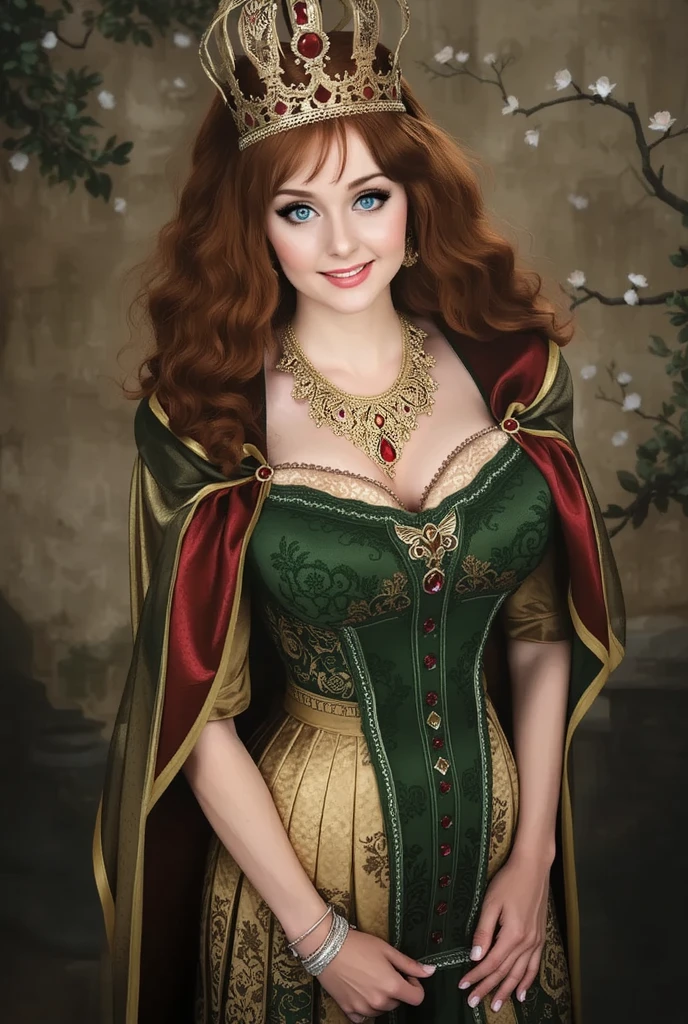 masterpiece, best quality, expressive eyes, perfect face, big eyes, looking at viewer, large breast, big breast, small waist, , Best Quality, Realistic, perfect figure, highly detailed, showing cleavage, Laura Marano dressed as merida from brave, black curly hair, big hair, blue eyes, Green outfit, in the forest, bow and arrow, detailed dress, freckles on her face, cheek blush, big puffy hair, very curly hair, castle in the bakcground, wearing a green cape, large nipples