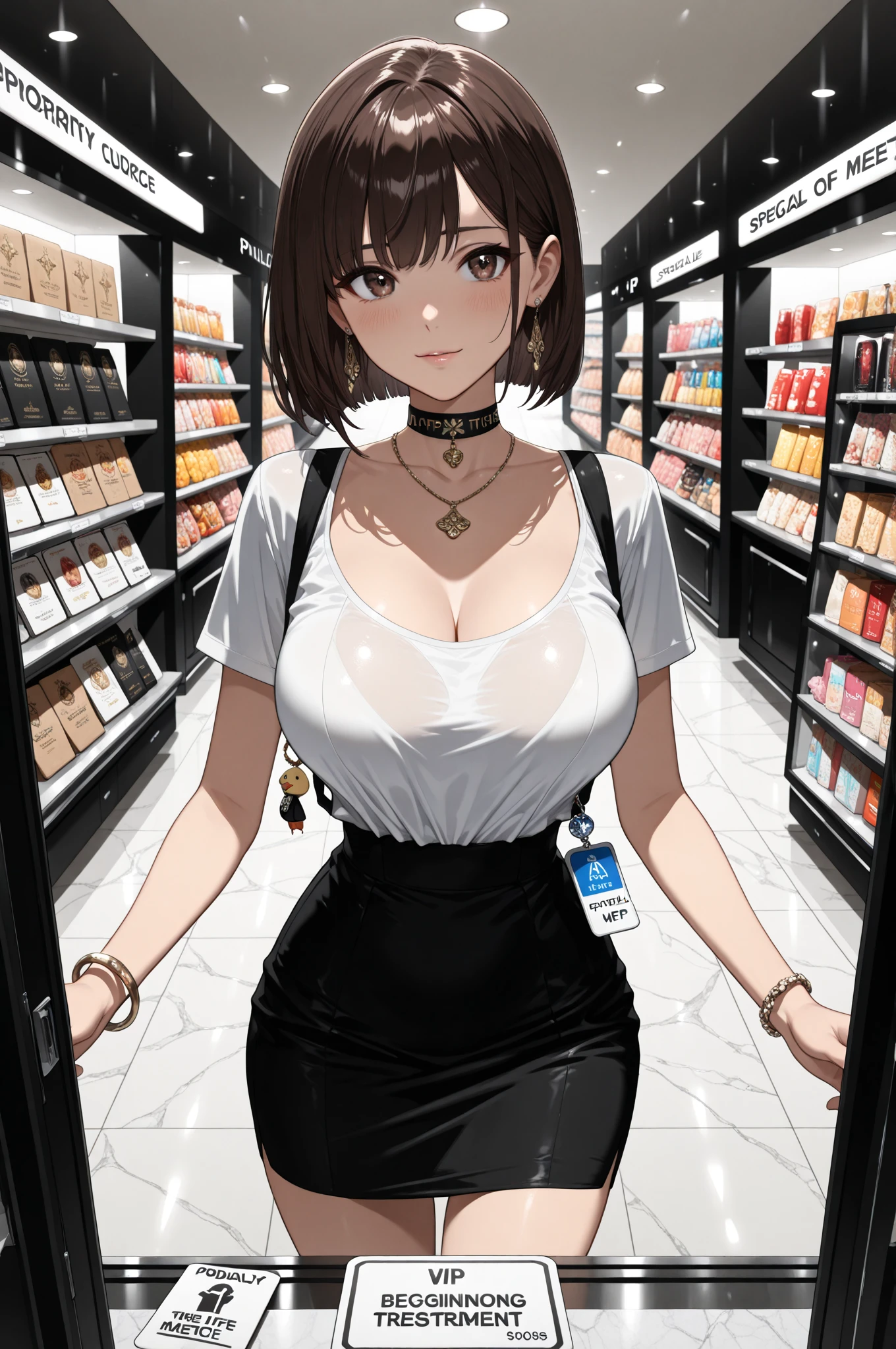a 20 yo woman、(masterpiece:1.4)、(in 8K、realisitic、Raw photo、top-quality:1.4)、(Real Face:1.4)、(real looking skin:1.3)、超A high resolution、A hyper-realistic、Eyes in Beautiful Details、Brown hair shorthair、耳环、Convenience store clerk、Uniform of convenience store clerk、(huge-breasted:1.5)、gargantilha、Blushing、alluring face、troubled look、Inside the convenience store