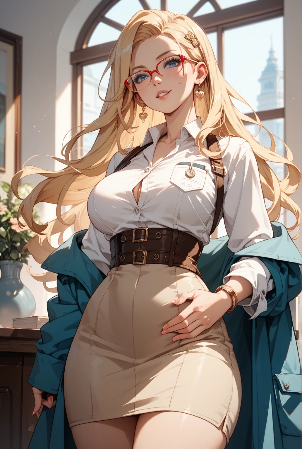 8k,masterpiece, bset quality,big, (1 girl), blue_eyes, blonde hair, long hair, professional lighting, (shiny skin: 1.2), shiny big, ((best quality)), sharp focus: 1.2, highly detailed face and skin texture, detailed eyes, perfect face, perfect body, blur art, cg, background, Big breasts, presence (20yo, mature cool and beautiful face), wearing ((blue skirt), white taut shirt, thigh), blush, (mittgal), random pose, top view, perfect eye, angry face