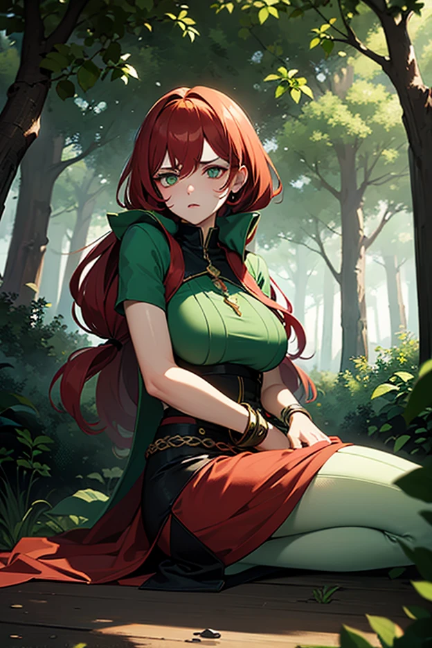 Evil Woman, with tall red hair, green eyes, plants everywhere, forest Background, green outfit
