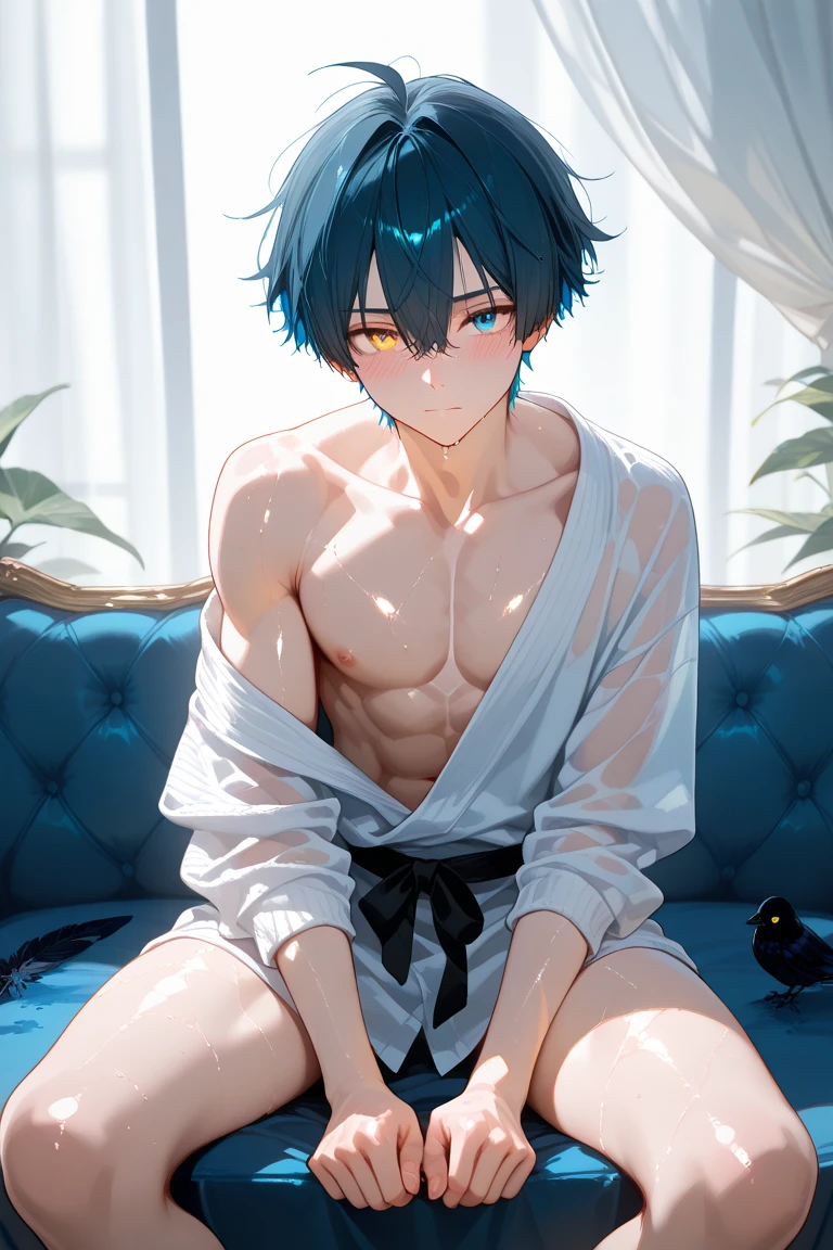 masterpiece, best quality, high quality,  1boy,10yo,, male focus, full body, looking at viewer, white blue hair,spiky hairstyle, short hair, steam smork, japan style,  anime coloring, crying, home muji style, detailed face, topless, white towel on waist,finely eye and detailed face,bulge