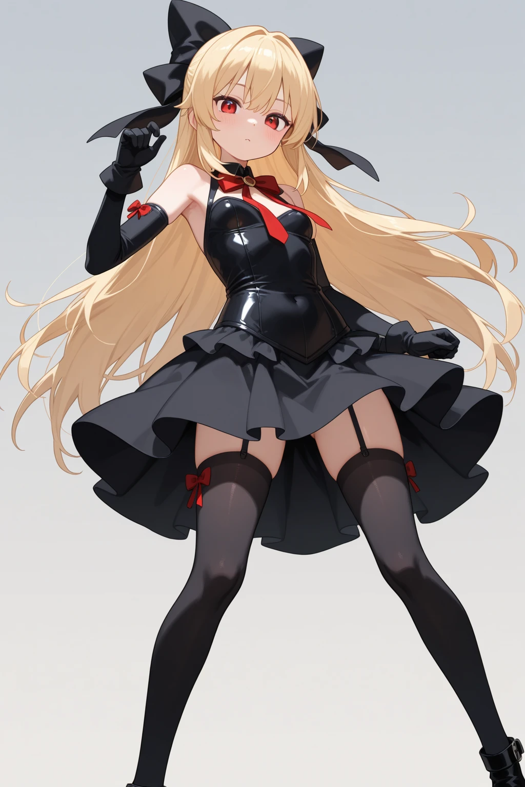 Masterpiece, Best Quality, Highly detailed, illustration, absurdres, street fighter, doll suit, shadaloo doll, agent aika, girls, multiple girls, expressionless, blank eyes, looking at viewer, red gloves, emotionless, black latex, corrution, mind control, female combatant, full body, hypnotized, unhappy trance, full body suit, leotard, perfect female body, extremely glossy latex, Delmo Uniform, belt, hypnosis, hypnoLora, empty eyes, Mind control device, thigh high, poses, submissive_pose, visor, standing, standing at attention, standing at attention, Slave, full tight leg, hat, ribbed bodysuit, nazi saluting, military, military saluting, salute, naughty face, thick_thighs, latex thigh boots, evil grin, dark magical girl, layered skirt, showgirl skirt, Aya Asagiri, Mahou Shoujo Site, long_hair, black_hair, bangs, purple_eyes, red_eyes