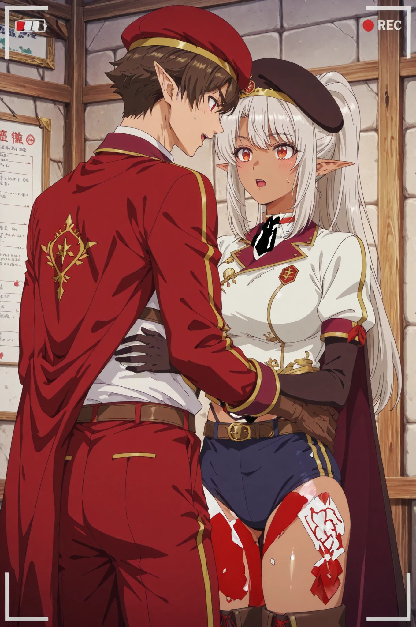  （1girl、soro、silk amberwood, long hair, ponytail, white hair, grey hair, pointy ears, dark skin, dark-skinned female, elf, dark elf, mature female, breasts,neck choker、gloves, hat,  black gloves, elbow gloves,  beret,knee high boots,  belt ）（Zzyuke、Solo、1Boy、Red Eyes、Brown Hair、Short Hair、Gloves、Boots、Belt、Pants、Cape、Thigh Boots、Brown Footwear、Brown Gloves、Red Pants）（back　shot）、後ろを振り返る、hug from behind、((最佳质量)),( 超高精細),(超詳細),( 詳細説明 ),((ザ・ベストCG)),(傑作),game CG、School gym clothes、metallic buruma、汗をかく、shiny skin:1.5,shiny hair:1.5,indoor、大きな目、美しい瞳、頬を赤らめる、（flustered）、（（eye contact））、open　mouth、indoor、dungeon、へそ 、Dynamic Angle:1.5、、（（（from below, buruma,))),viewfinder、