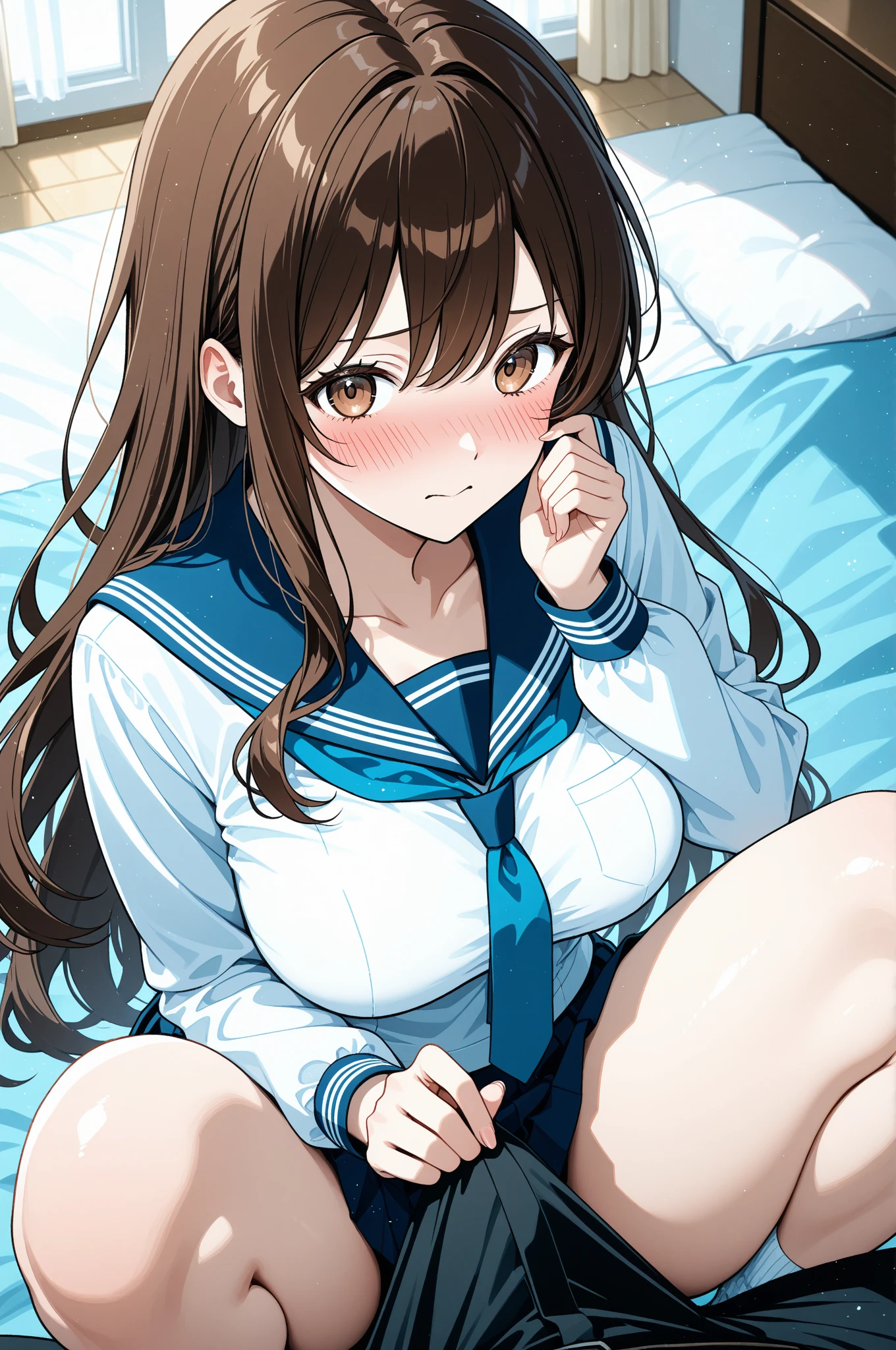 masterpiece, top quality, super detailed, 8k_wallpaper, (beautiful eyes), ((cute)), cute, (lovely), (erotic),1girl,,snapping bangs,long hair,flat breasts, loli, slim, slender,mini skirt, 18 years old, brown hair, bun hair, white panties, school girl, ahe face, black eyes, cleavage, bed