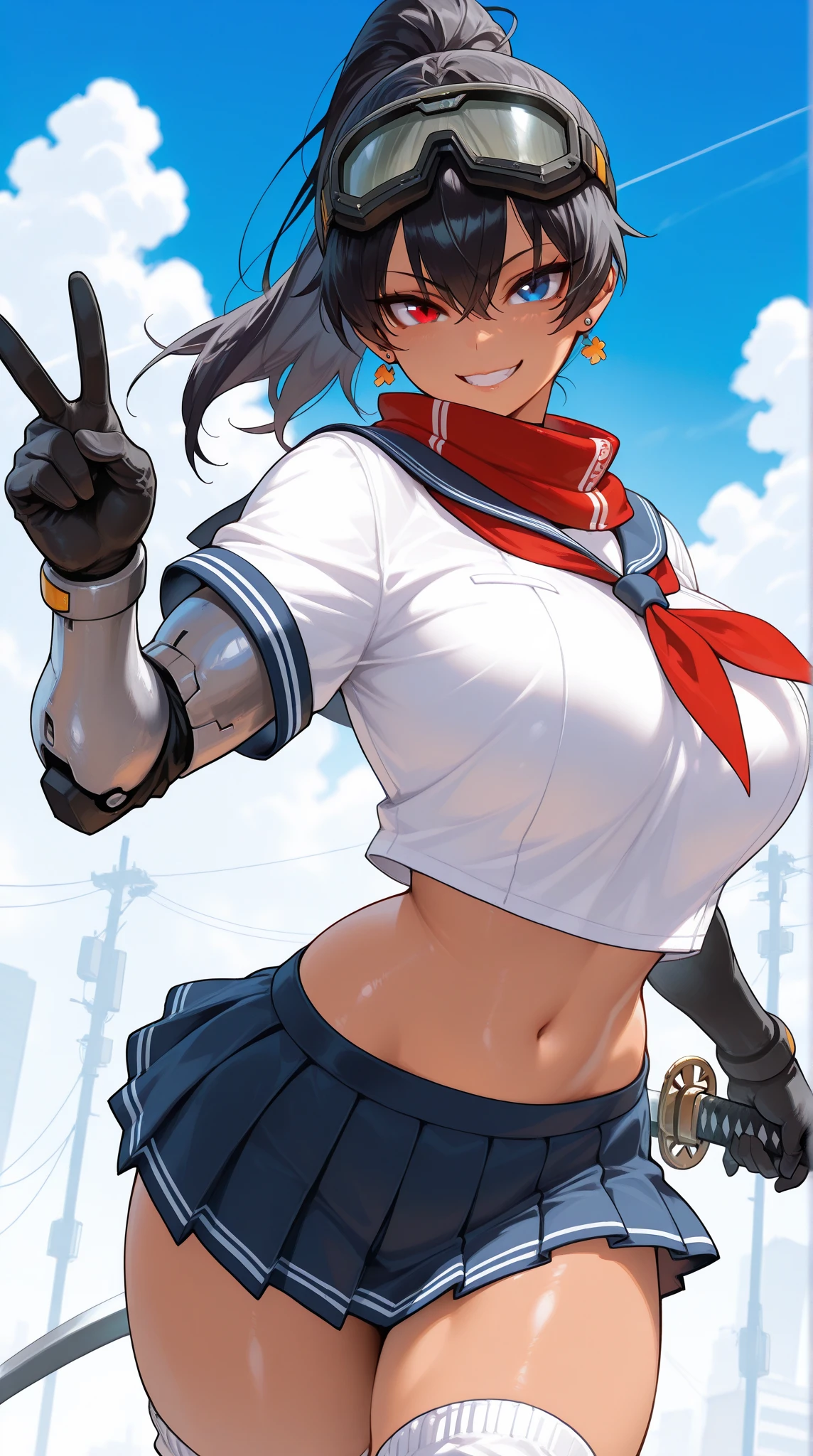 masterpiece, best quality, very aesthetic, absurdres, intricate, overall detail,
kanu_unchou(ikkitousen),antenna_hair, black_hair, blue_eyes, blue_sailor_collar, blue_skirt, breasts, closed_mouth, crop_top, cropped_shirt, fingerless_gloves, gloves, guan_dao, hair_over_one_eye, large_breasts, long_hair, low-tied_long_hair, midriff, miniskirt, navel, red_gloves, ribbon, sailor_collar, skirt, solo,tan, underboob, weapon, yellow_ribbon,holding, holding_polearm, polearm,holding_weapon, city, cityscape, day, sunlight,