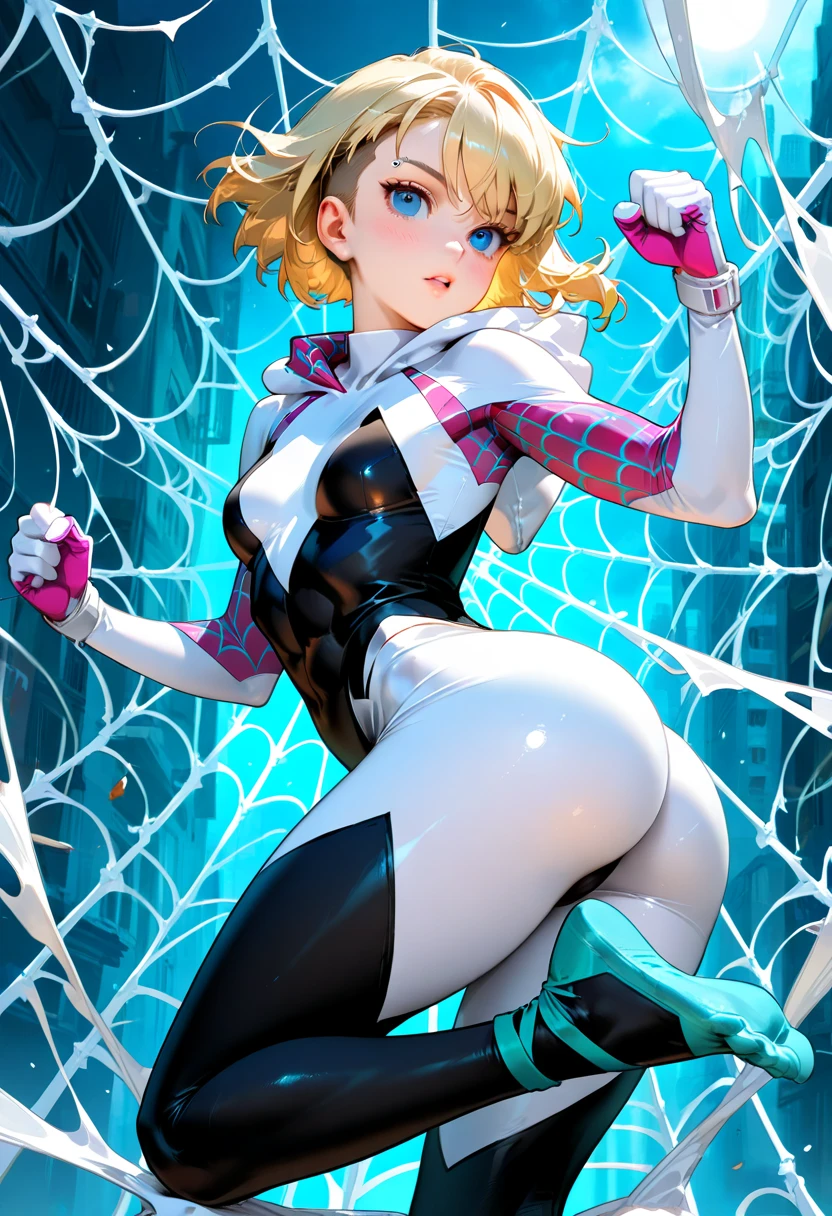 highest possible image quality, Gwen Stacy is taking a selfie and showing off her body. She is taking off her gym clothes, revelando seu corpo apertado e em forma, seios pequenos, calcinhas, fat pussy lips are wet, seios pequenos. camel toe, fat pussy lips