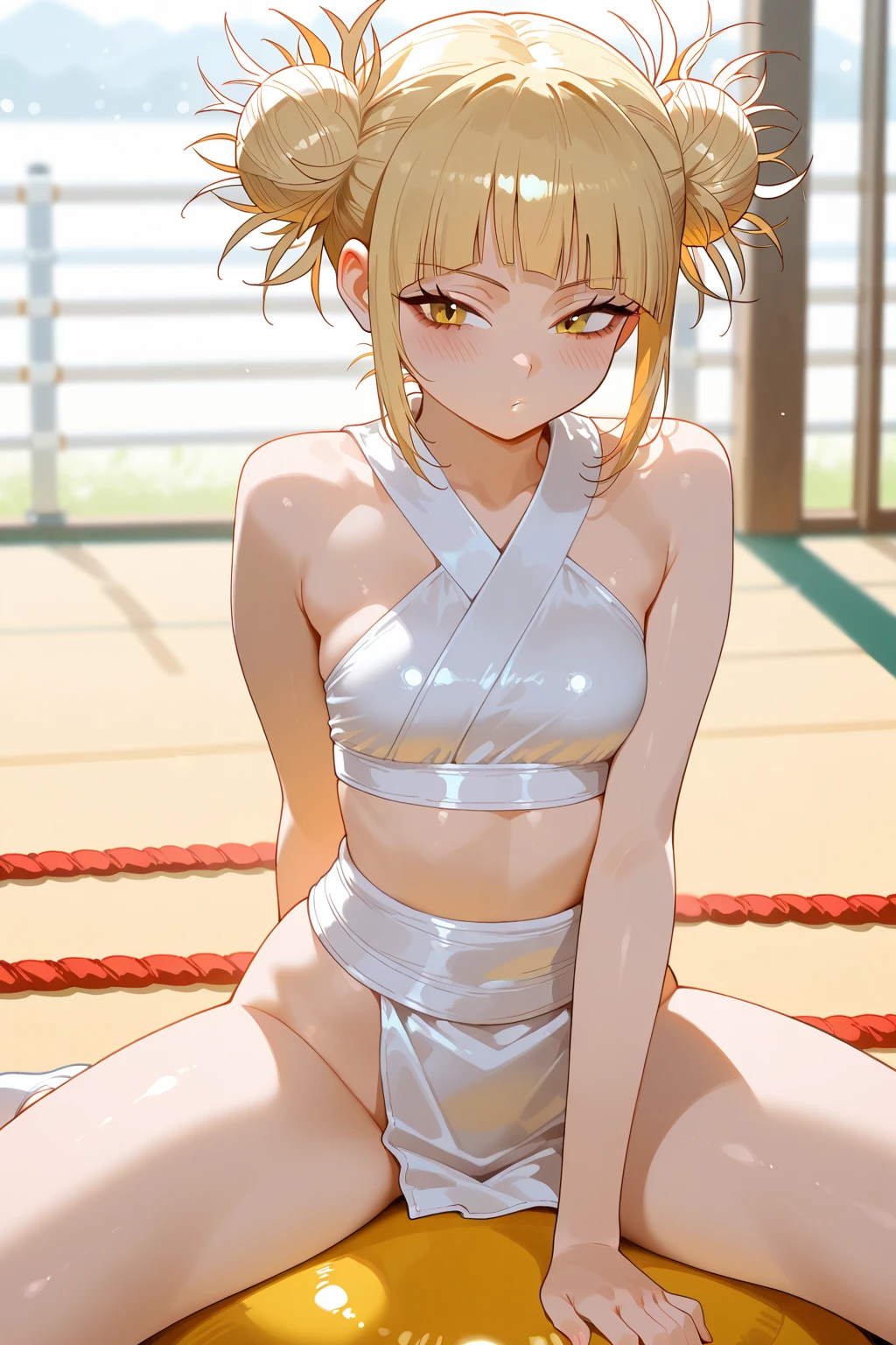 masterpiece, best quality, high quality, 1boy, solo, male focus, looking at viewer, nakajima_atsushi, grey hair, (yellow bikini: 1.2), Taisho era, rear view, shows ass, butt