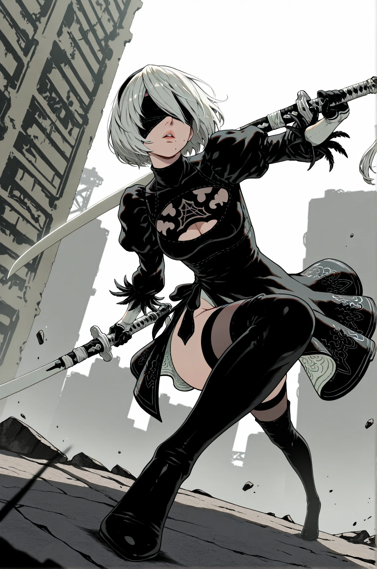 <lora:Genzoman_Style_Dim64:0.6>, , ((masterpiece,best quality)), absurdres, hm2b, black blindfold, covered eyes, mole under mouth, clothing cutout, long sleeves, puffy sleeves, juliet sleeves, feather trim, black thighhighs, black gloves, black dress, black skirt, thigh boots, <lora:y2b_v2-1:0.7>, holding weapon, katana, night, cyberpunk,