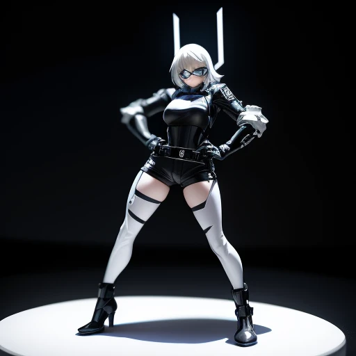 white hair, short cut,1girl,short pants, sneakers, beautiful eye, full body, dancing, looking away, black suit,[realistic], [3d], smile, closed mouth,(8k, RAW photo, best quality, masterpiece:1.2), ultra high res, photo realistic, professional lighting, detailed lighting, professional photography, high quality, high res, extremely detailed, bloom, depth of field, sketch, sharp focus, soft lighting, detailed, detailed skin, to8contrast style
