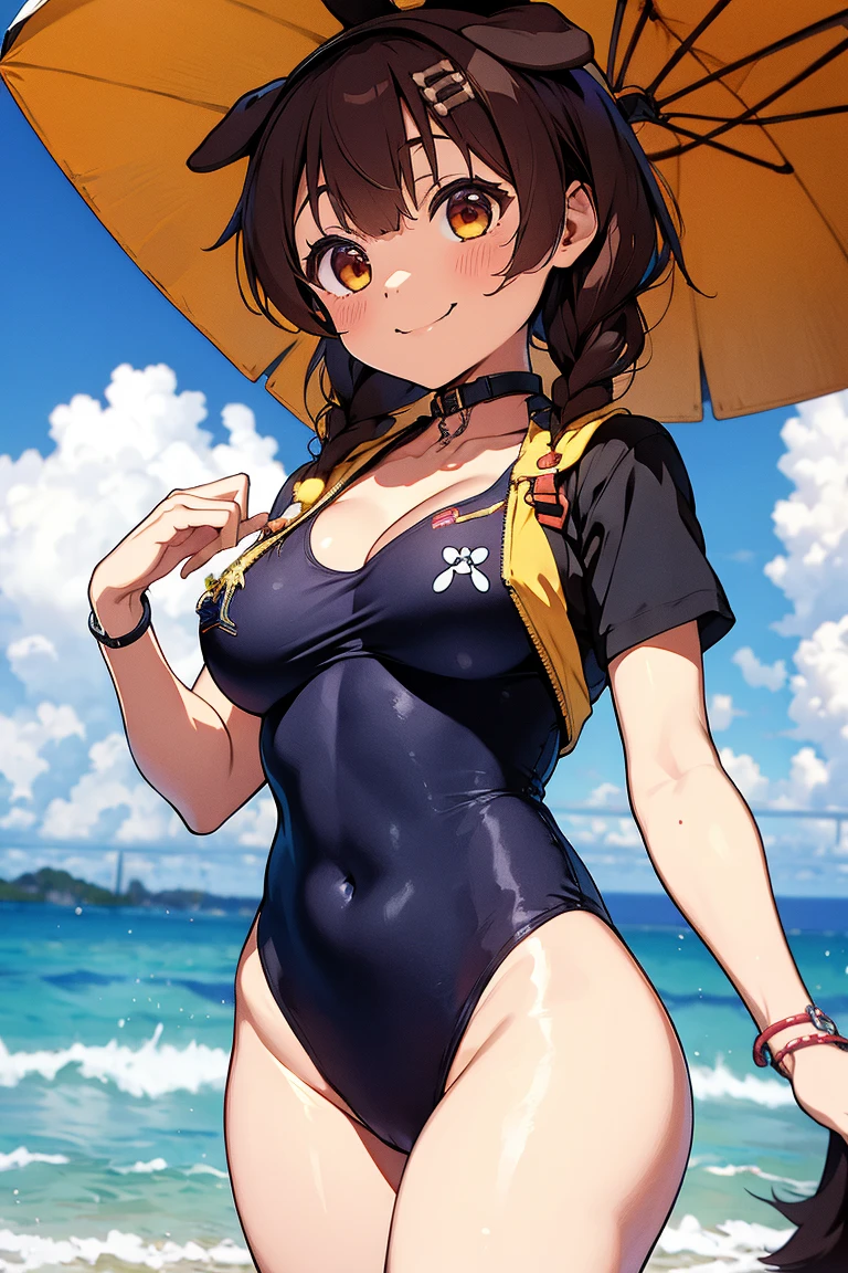 anime girl, brown hair, ponytail , dark green bikini, choker, beach, large breasts, hat, jacket, beach, sunglasses, shades, holding a ball, standing over camera
