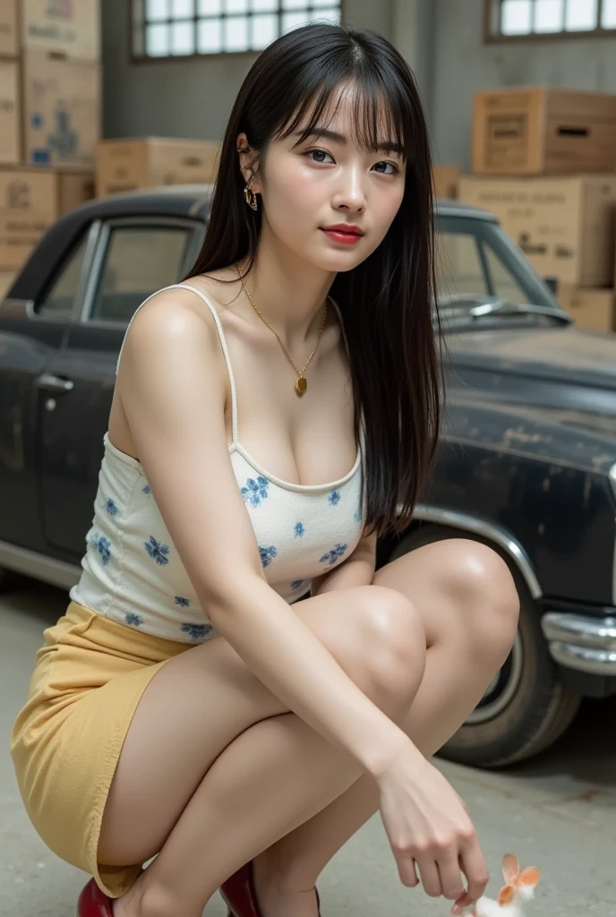 You are a professional gravure photographer.、(((One person,alone))),(Highly realistic photos, High resolution, Detailed face, Narrow eyes,Thin lips)、 Japanese women, Age 25, Japan Model Face, ,Plump,squat、Sitting on the bonnet of a car