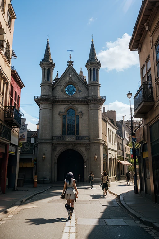 professional detailed photo, ultra detailed world, ultra maximalism, a girl wondering on central street of large town market place, bright daylight, ultra detailed, intricate details, insane details, Hasselblad, masterpiece, ultra detailed world, world full of details,
