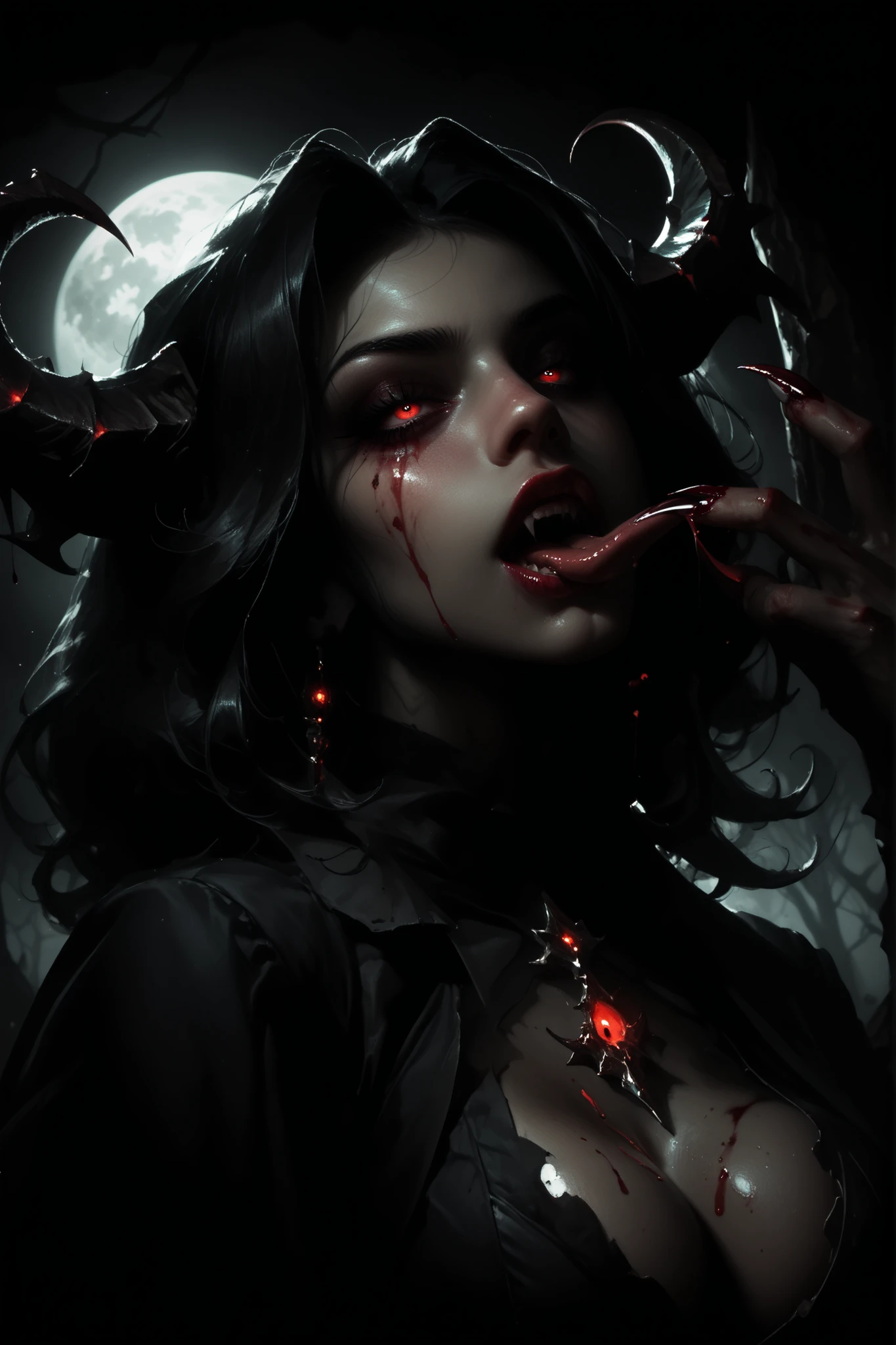 A nightmare mindscape, madness revealed in her grin, piercing eyes, coalescing mists swirl with phantom spirits, her sexual mouth is open up wide, more sexy succubus demon, nsfw, extream dark succubus with her mouth open.