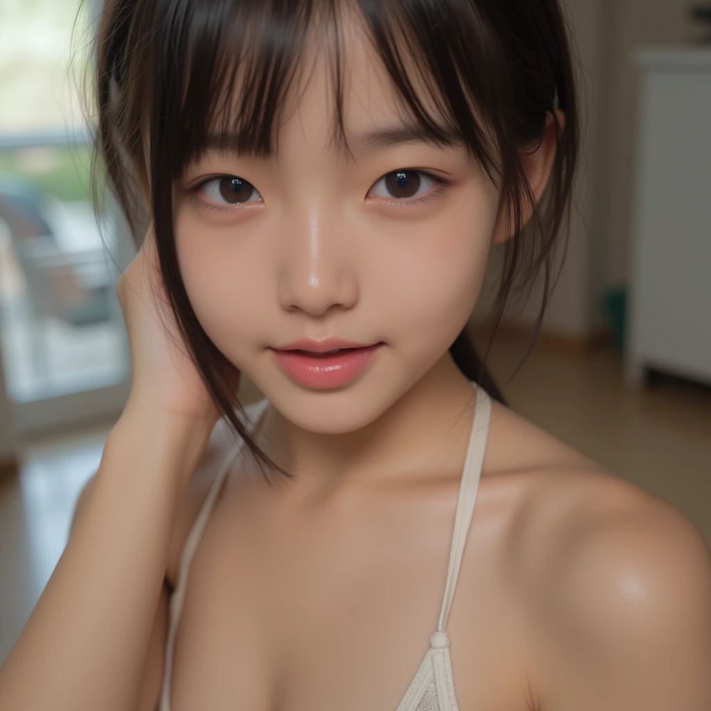 highest quality, realistic, 8K, High resolution, full color, 1 female, Female, 15 years old, (pupil, There&#39;s a light in my eyes), detailed beautiful face,beautiful skin,Fair skin,looking at the viewer:1.8, (1 female eyes looking at the viewer:1.55), Bright kimono with open chest, smile,blush、 Upper body、Underwear fully visible、sexy、Bewitching