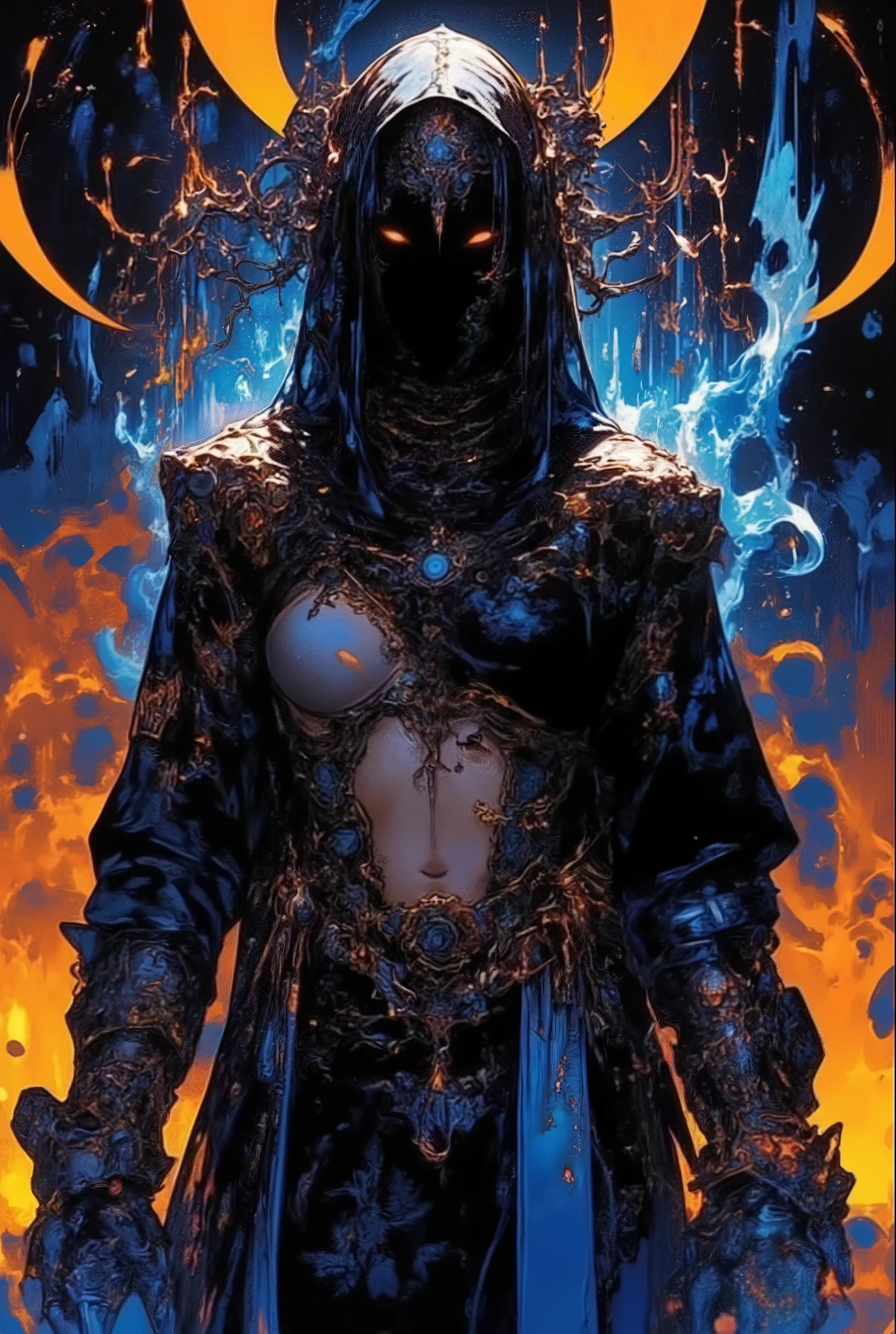 Tonal Anime, Midjourney style, magnificent, Lighting, Oil Painting, Anime style portrait. breathtaking illustration from adult comic book presenting Pastel, drawing with dry chalk, Charcoal and chalk drawings. Exquisitely detailed dark fantasy style illustration depicts Death, robot dark lighting hacker hood, night city cyber, night city, background fire gloves blue flame fire, background in the style of Anders Zorn, Alexi Briclot, Luis Royo. fabulous artwork. best quality, high resolution, manga artwork presenting Pastel, drawing with dry chalk, Charcoal and chalk drawings. Exquisitely detailed dark fantasy style illustration depicts Death, robot dark lighting hacker hood, night city cyber, night city, background fire gloves blue flame fire, background in the style of Anders Zorn, Alexi Briclot, Luis Royo. created by japanese manga artist. highly emotional. best quality, high resolution, gothic style Pastel, drawing with dry chalk, Charcoal and chalk drawings. Exquisitely detailed dark fantasy style illustration depicts Death, robot dark lighting hacker hood, night city cyber, night city, background fire gloves blue flame fire,