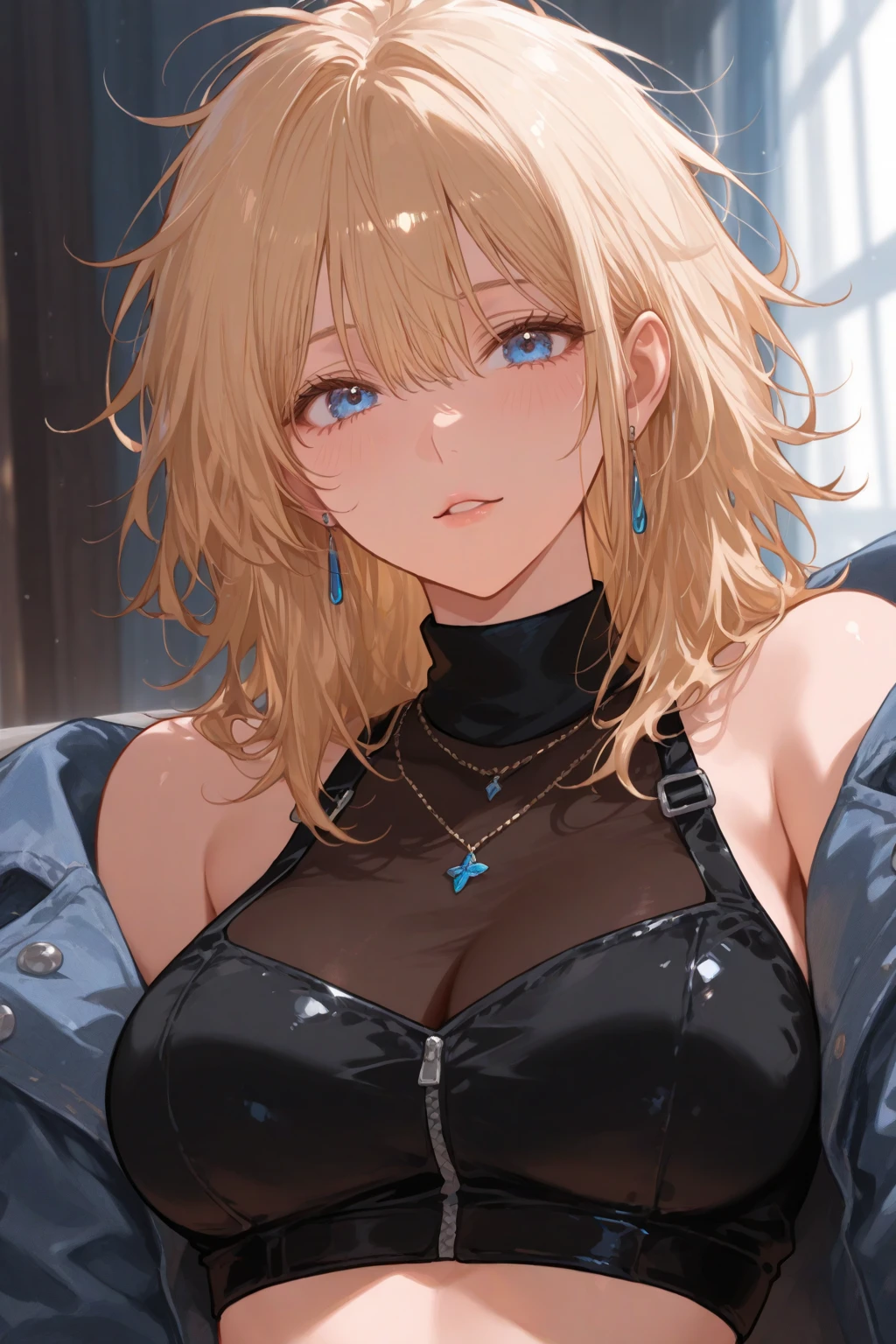 top quality、Top image quality、​Masterpiece、girl with((cute little、18 years old、best bust、medium bust、Bust 85,Red eye problems、Breasts wide open,valley、long blonde hair、A slender one、Black crop top T-shirt、black leather jacket、white pants、surprised face、）high quality、beautiful art、background with((night city、The ground glows blue、weightless、Something is floating high in the air)),on the table、Well-designed、visual art、depth of field、best lighting、most detailed、8ｋ,perspective from above