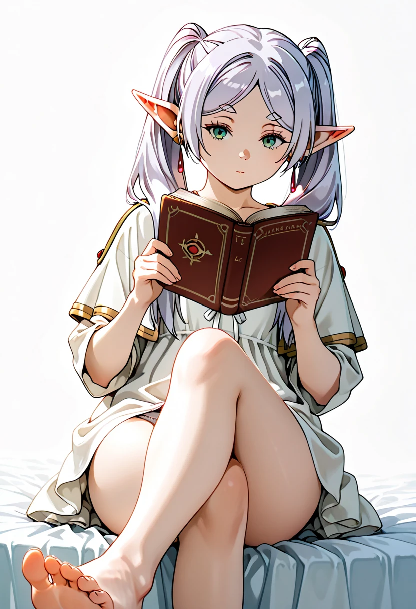 (masterpiece, best quality,1.3),extremely detailed,1girl,(frieren),pointy ears,elf,round face,green eyes,navel,small breasts,sweat,white hair,twintails,parted bangs,smile,solo,(reading magic book),white tank top,frayed denim shorts,sleeveless,barefoot,spread legs,glasses,library,looking book,blush,best quality,amazing quality,very aesthetic,absurdres,