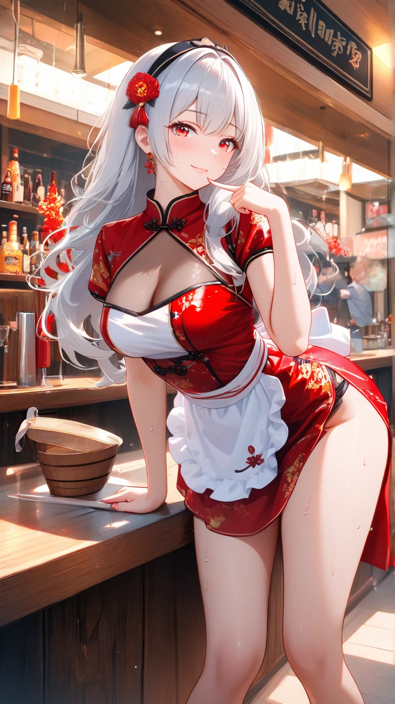 (masterpiece:1.3),(highly detailed:1.3),(highres:1.1),best quality,Ultra-detail,1girl,solo,kitchen,jelofolkwang,naked apron,((white apron)),ass,sideboob, unclear clothes , white pantie, ((perfect body)), salon,((take off pantie)), legwear ,hand pantie, ((perfect breast)), perfect face,slightly curved body