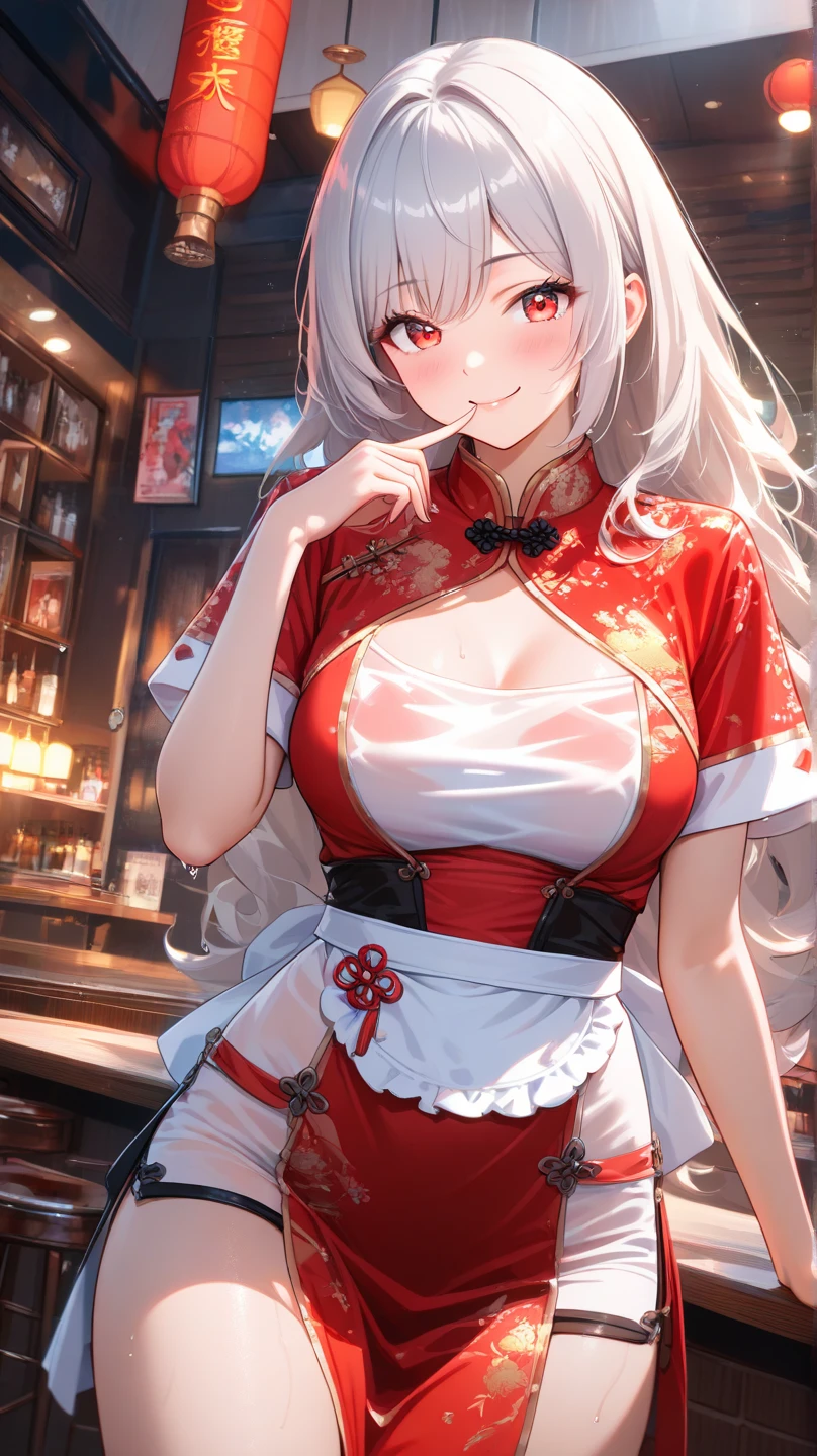 ((one personの女性)), Beautiful Face,Laugh shyly,((Wink:1.7)),Laughing with your mouth open,turn bright red,Glossy pink lips,night,Shrine festival stalls,((Anime style background)),masterpiece, highest quality, so beautiful, up to date, Complex details, (Pink long nails),AI-generated, Complex,High resolution, highest quality, super high quality,3D Images、View your audience、3D Images,one person,Long white hair,High Ponytail,blue eyes,Anime woman posing for a photo, [[Fine grain、Colorful eyes、Shining Eyes:1.15]],(Squint your eyes:1.1),a hyperRealistic , hyperRealistic , Realistic,Long haired white haired anime woman, Smooth anime CG art, A woman in a colorful kimono with gold embroidery, (Black kimono),Red floral pattern,Long flower hair ornament,Big earrings,(Big Breasts:1.1),Mature Body,tall,Big Ass,Fine details,Tight waist,Abdominal muscles,(Face close-up:1.5),Tilt your face,Shooting from an angle