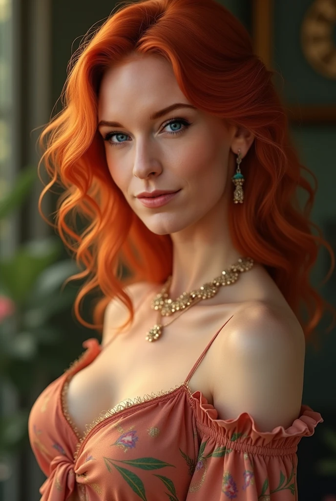 A full body of a Photorealistic of a fabulous, petite, 62-year-olf colossal breasted woman in a playful, quirky, huge, colossal breasts, smirking, snarky, youthful expression for a Smallville show photo. She looks 62 and 5'2": European, full body, dressd in a sexy low-cut uve-blue dress, with (flat, athletic, well-muscled). Heavy artistic eyeliner. Tasteful natural makeup. full body. Sleek orange hair is Asian-textured, extremely asymmetrical, in a messy futuritic city long hair with tons of jewelry. full body photo