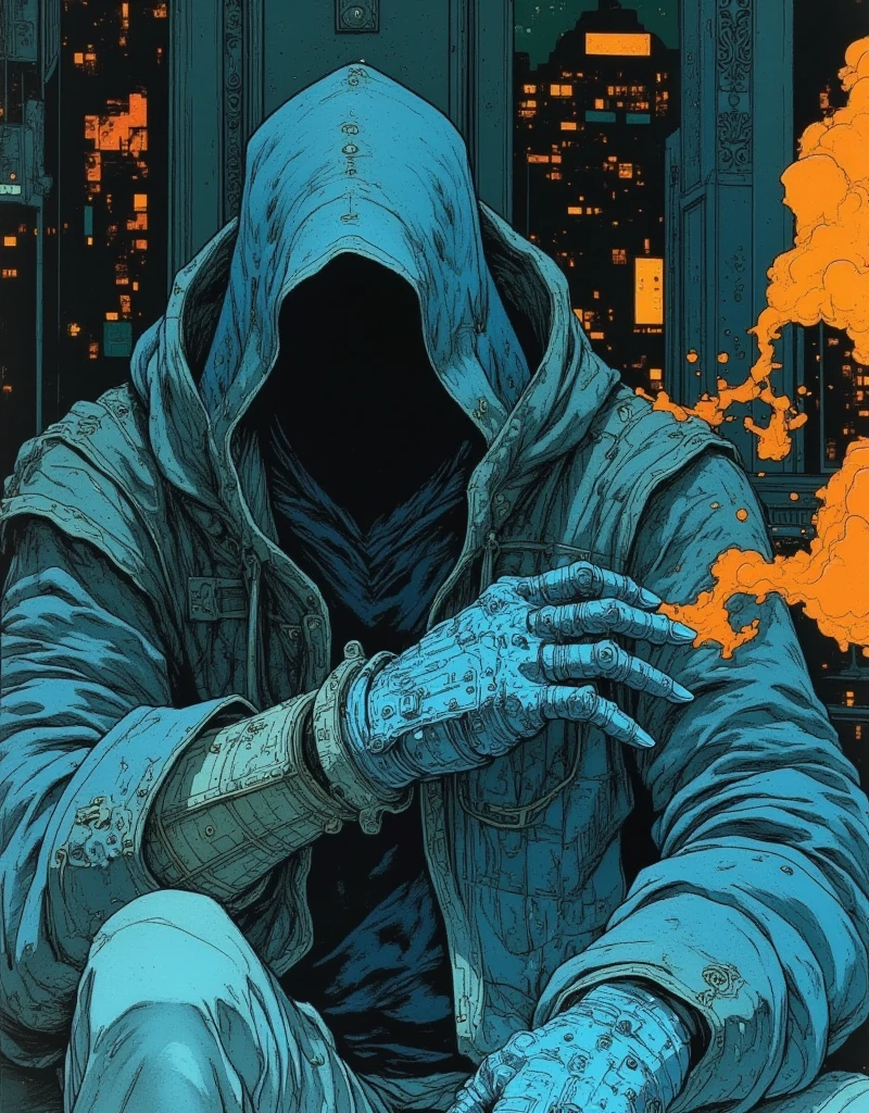 Solitary, 1 boy, permanent, Male focus, It rains in the city, hood, From the back, cloak, Skull wearing white Japanese mask, robe, , Glowing blue