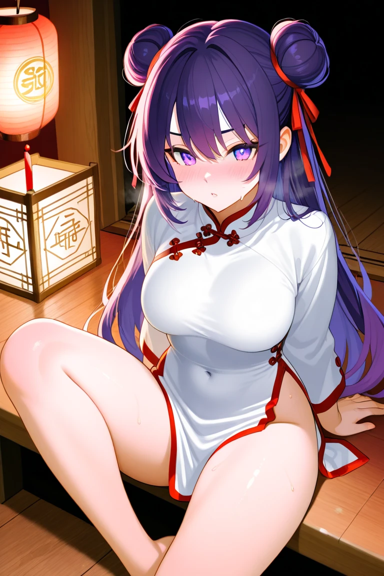 score_9, score_8_up, source_anime, solo, 1girl, dress, big breasts, young, ikuchan, black hair, black hair, oriental, Chinese dress, short dress, indoors, aftersex, cum drip, (impregnation risk), ovum, nice hips, pussy, pubic hair, ponytail, partially dressed, money, jaded expression,