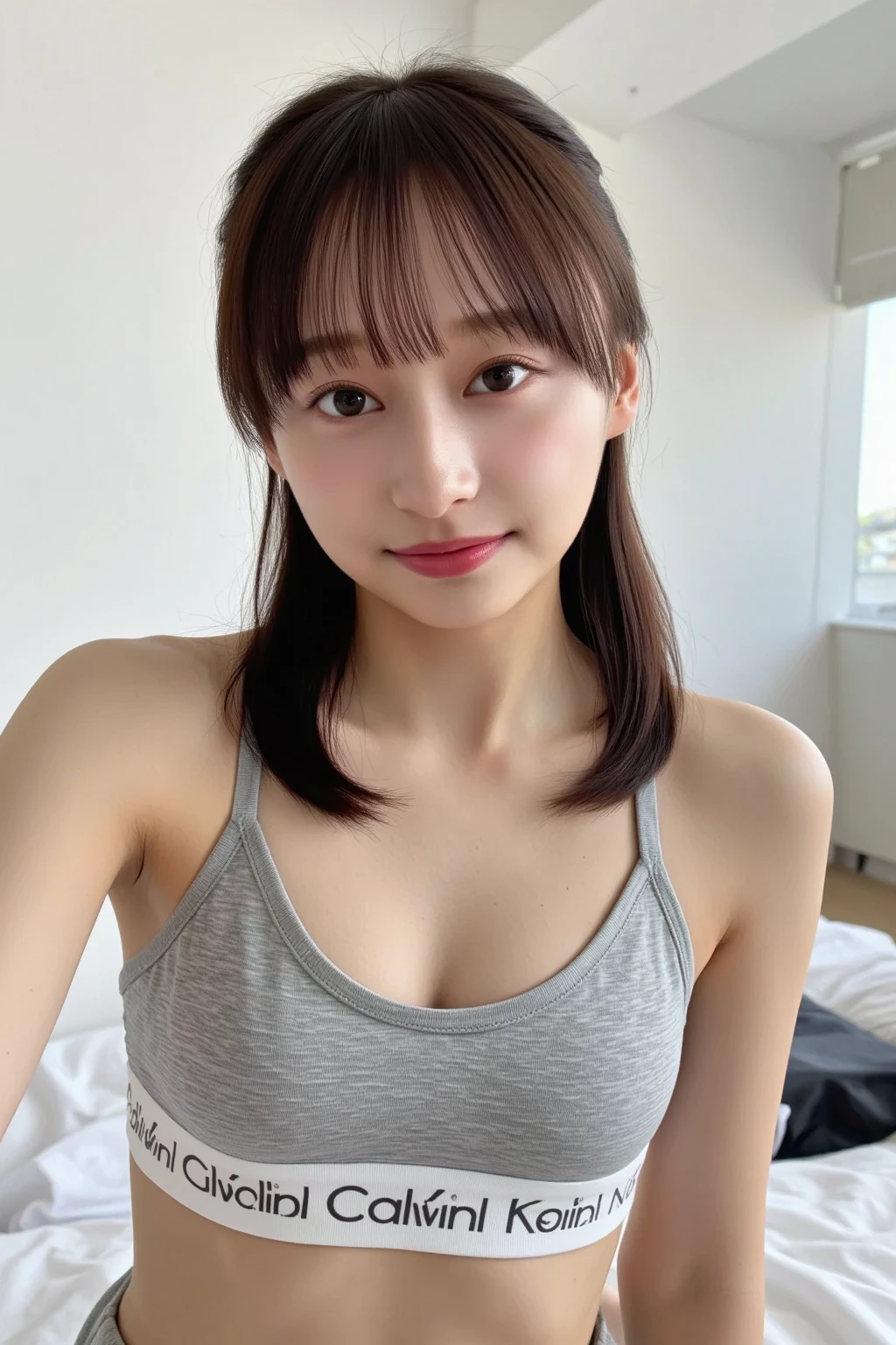 ((highest quality, 8k, masterpiece: 1.3)), One Girl, The beauty of slim abs: 1.3, (Random hairstyles casual, Very small breasts: 1.2), bikini: 1.1, Very beautiful face, Delicate eyes, double eyelid, Vertical navel,Cute Smile, Home,Dimples,There is a mole around the mouth,Chubby,Crouching,Turning around and looking at me,