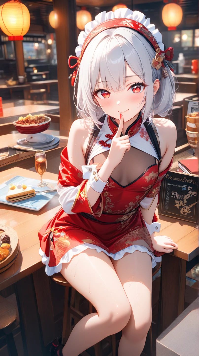 Silver Hair、Red Eye、Fox ears、girl、Small breasts、ponytail、girl、Small breasts、Lolita、Bright smile、Looks about 15 years old、Petan Musume、short、目のhighlight、Sexy thighs、Wearing china clothes、Chinese restaurant、Your eyes are so beautiful、highlight