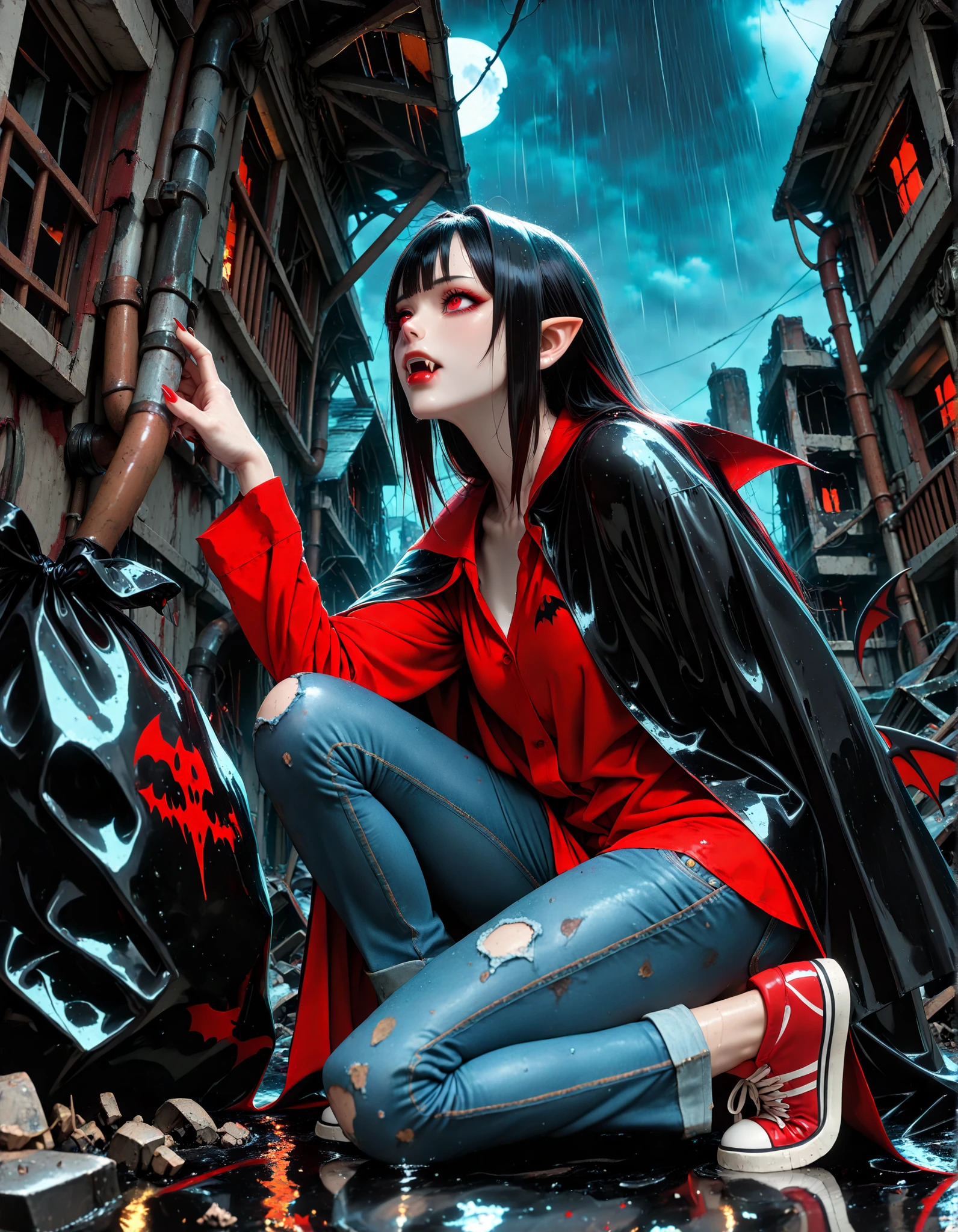 Very High resolution,Realistic and mature anime-style,masterpiece,best quality,amazing quality,hyper-detailed,very aesthetic,from side,from below,(A ruined abandoned village:1.3),(A building reduced to rubble),Flooded,Heavy rain falling,Late at night,A female vampire looking up at the sky,Kneeling on one knee,A garbage bag half full of garbage,Black hair,Long hair,Wispy bangs,white skin,Red eyes,Narrow eyes,(Loneliness,Transience),Sadness,(long Vampire fangs protruding from between her lips:1.4),Dark red lipstick,Mouth slightly open,A simple red shirt,A black raincoat,Long and pointed nails,Red nail polish,Jeans,Red sneakers