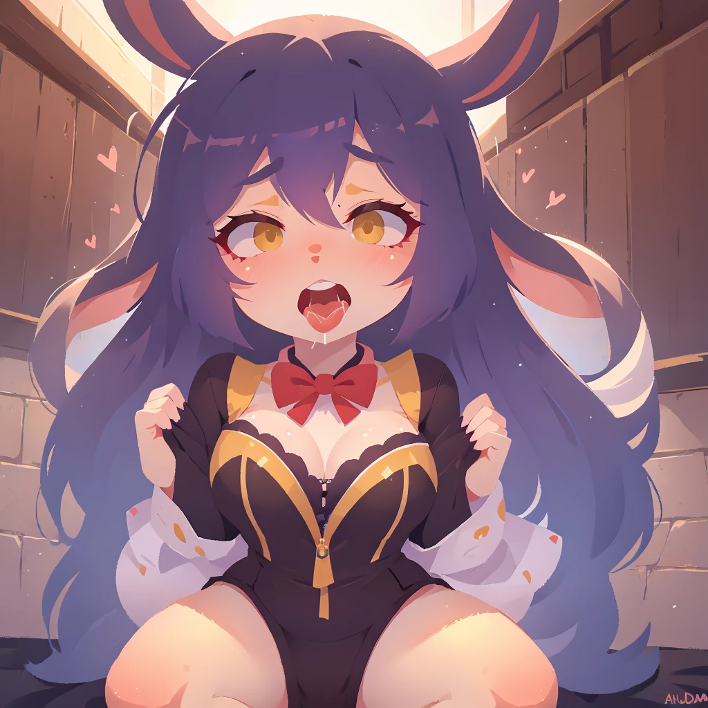 hard lighting, volumetric lighting, intricate details, finely detailed, high quality, masterpiece, best quality, extremely detailed, 1girl, ((pure black skin)), flat breast, chibi, short, red eyes, pink hair, mouse ear hairband, pointy ears, fangs, opening mouth, smiling, greening, short hair, strip club, spread legs, white necktie, (NSFW, nude), Vibrant dance club with immersive pink-blue neon lights, intense atmosphere, action-packed, lots of lights, people on background
