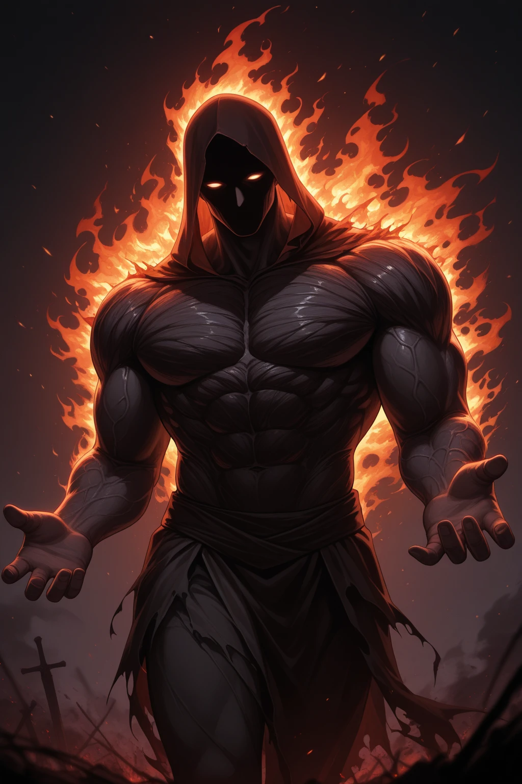 (Close view), black haired woman, long straight hair, light brown skinned, evil smirk, (black lipstick), ((massive muscles)), (hyper muscle), ((ginormous bulky muscles)), ((glowing orange eyes)), (black leather turtleneck top), (black hooded cloak), ((black leather pants)), (in front of fire wall), (Hot and burning universe:1.3)
