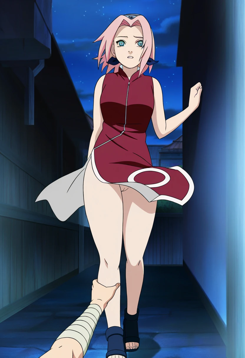 score_9, score_8_up, score_7_up, score_6_up, score_5_up, score_4_up, BREAK, source_anime,
1girl, haruno sakura, pink hair, short hair, green eyes, sleeveless, red shirt, forehead protector, beautiful legs, black gloves,
pussy, bottomless, full body, looking at viewer, solo,  konohagakure background, on bed, shy face, looking away, standing, spiked collar, spiked wristband
