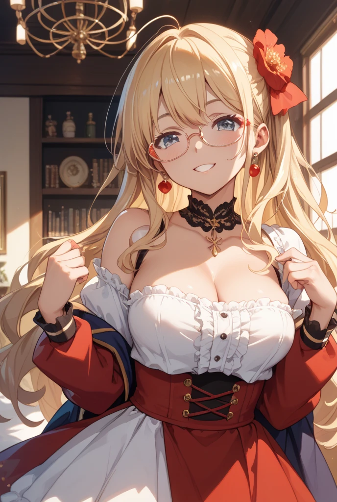(Best image quality),masterpiece,8k wallpaper,One Woman,22 years old,Europe,((White and purple German folk costume)),(Blonde,Golden eyebrows),(Glasses),((Large Breasts)),Cleavage,((Brown Skin:1.4)),Sunburned skin,On all fours,Looking up at the audience,(Provocative smile),blush,The background is a German village,Natural soft light,frontage,70 degree angle of view