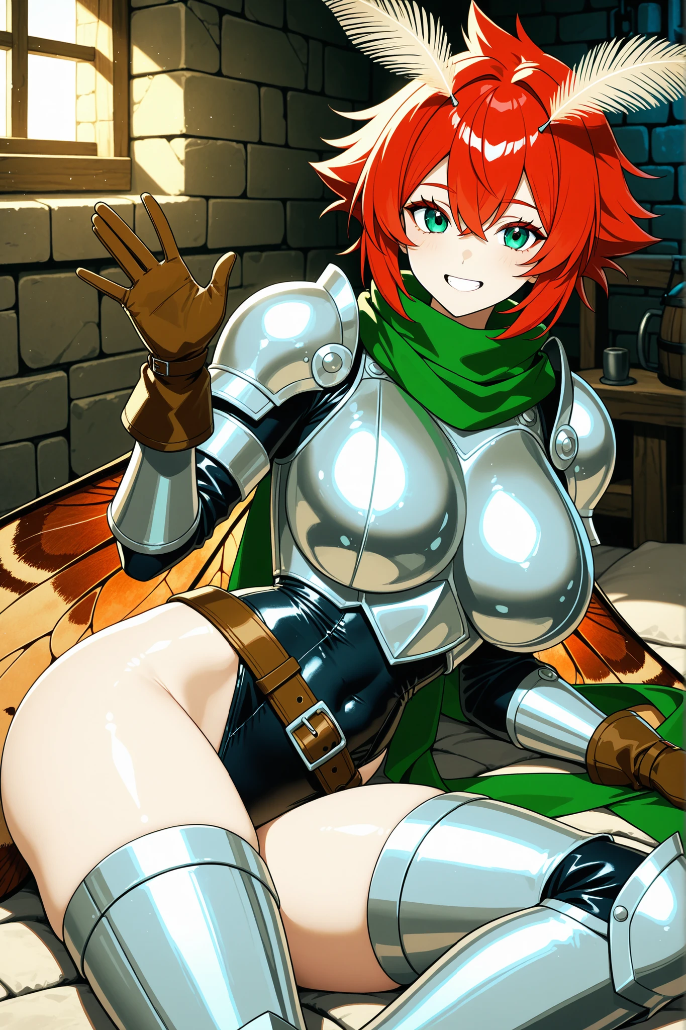 moth antennae, shiny moth wings, a red-haired girl, spiky hair,
wearing sexy silver armor, black swimsuit, green scarf, brown belt, brown gloves, lying on her side, waving to the viewer, inside a dungeon