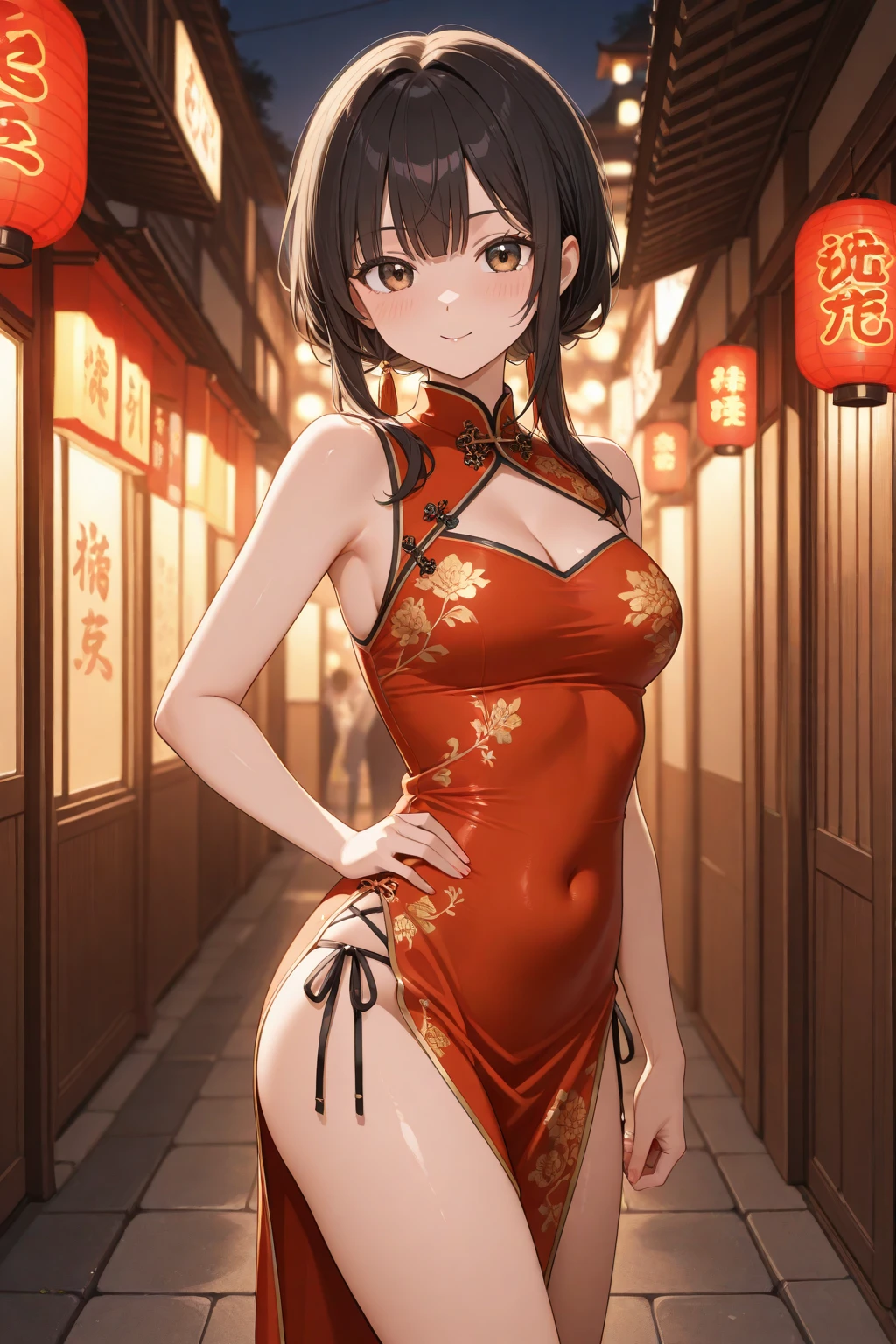 (score_9, score_8_up, score_7_up, score_6_up, score_5_up, score_4_up), masterpiece, best quality, high_resolution, 8k, UHD, 1girl, detailed, extremely detailed, best anatomy, (large breasts), (twintail), short hair, short twintail, brown hair, orange eyes, indoor, in room, chinese dress, chinese clothes, flat expression, red chinese dress, red clothes, sleeveless, seductive look,