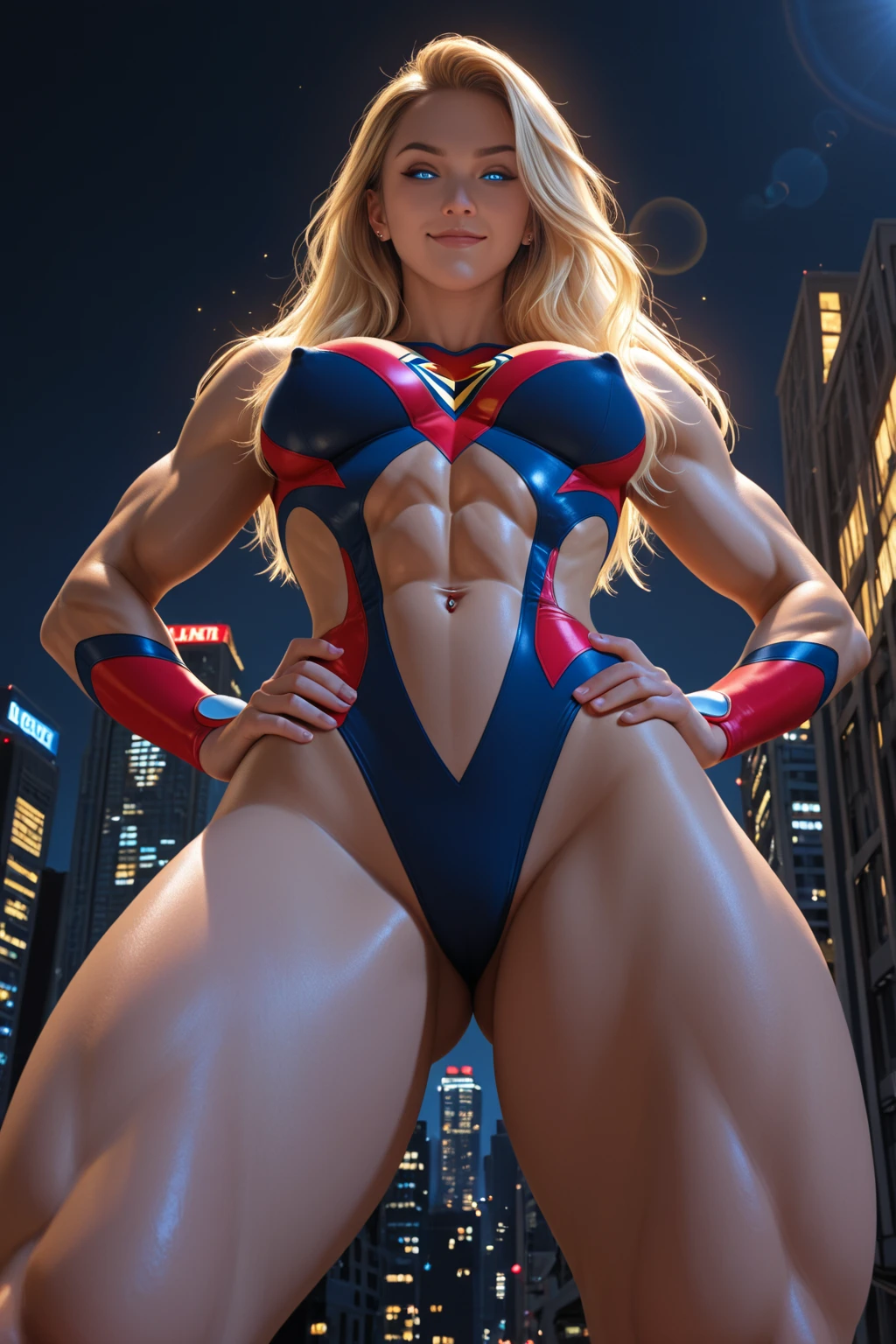 A girl,Wearing a Spiderman swimsuit,Female Spider-Man,Beautiful face,blond,Blue Eyes,Lively expressions,A charming smile。Red fishnet swimsuit,Jumping between skyscrapers,Full figure,huge breasts, Huge ass, Bare legs,,sexy uniform, Light and shadow effects,Fine image quality,excellent work,8K