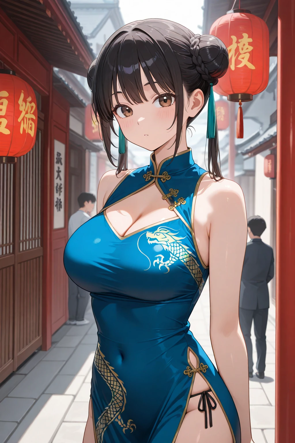 highest quality、All limbs、full finger、((one beautiful woman))、Beautiful busty woman、long hair、((brown haired woman))、((Blue cheongsam:1.5))、blue leotard panties、((brown pantyhose))、white boots、Chinatown、big smile、Street Fighter、high kick