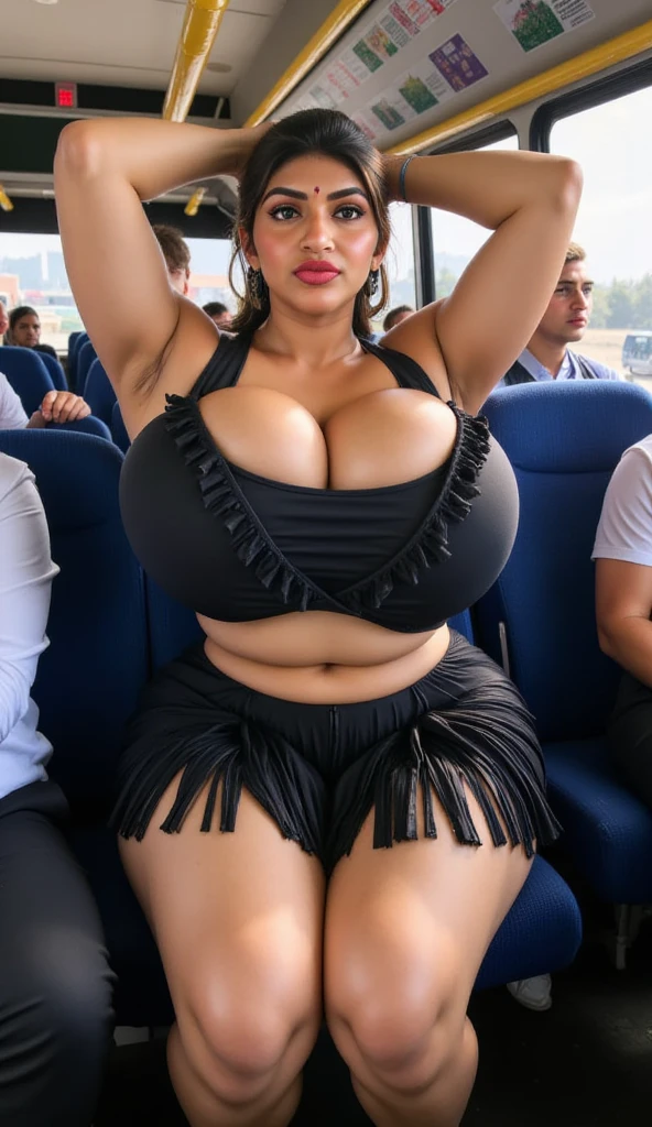 (Igbaddy), a woman, cleavage (latina:0.7), brown curly hair, bangs, cute face, curvy, ((inside bus))), (jeans, tshirt), perfect make up, eyeliner, eye shadow, aline lopez, surrounded by men, groped fondled, arms up